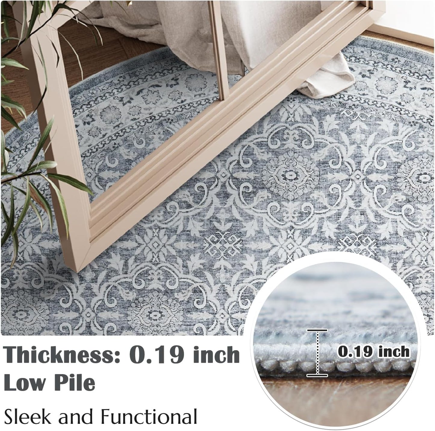 jinchan Round Rug 5ft Washable Circle Soft Rug - Low Pile Vintage 5'Round Indoor Grey Floral Print Stain Resistant Boho Carpet Ultra-Thin Non-Slip for Entryway Nursery Bedroom Dining Room Kitchen