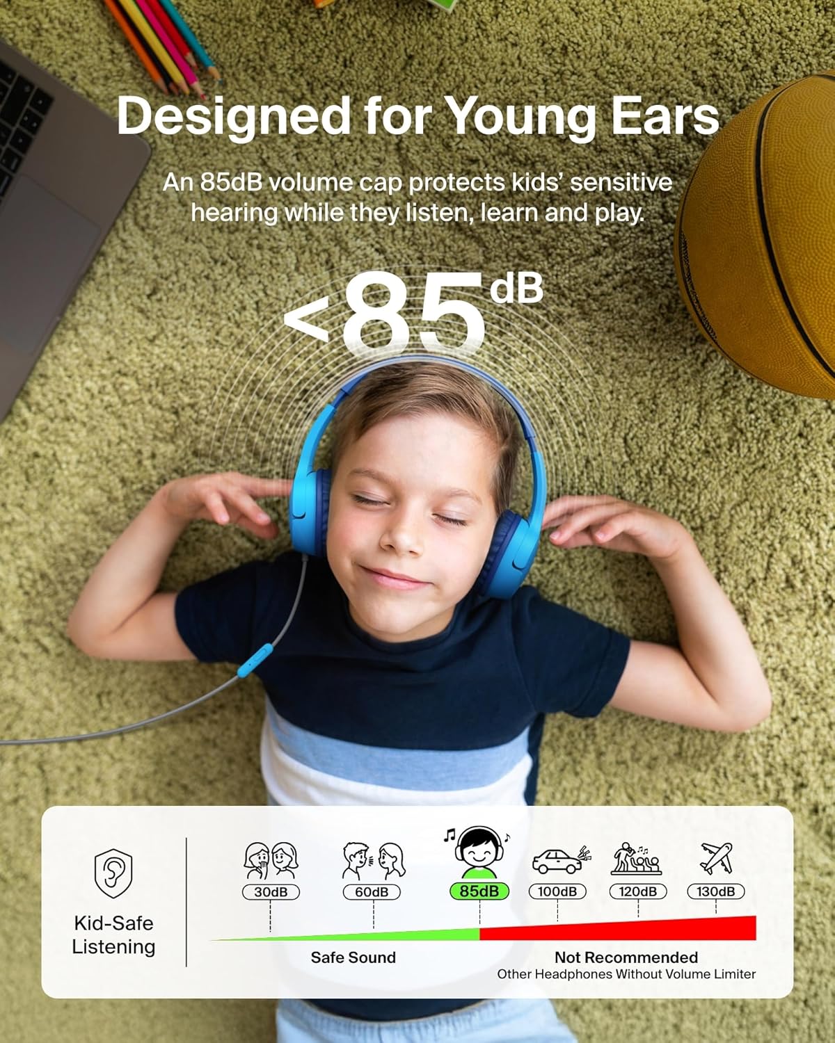 Belkin SoundForm Mini Kids Wired Headphones w/USB C to 3.5mm Dongle, Built-in Mic & Fun Stickers, 85dB Max Volume – for Online Learning, Travel, Compatible w/iPhone 16, iPad, Galaxy S25, etc - Blue