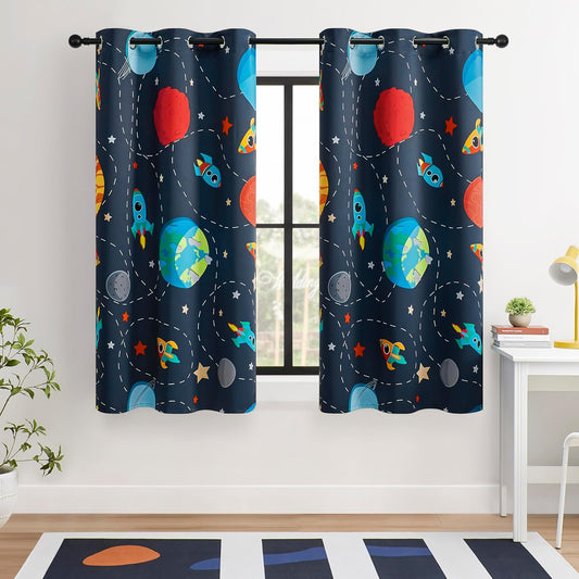 Kids Space Themed Blackout Curtains - 2 Panels, Each W42×L54, 100% Blackout, Perfect for Bedroom and Nursery, Energy Saving with Vibrant Cosmos Patterns
