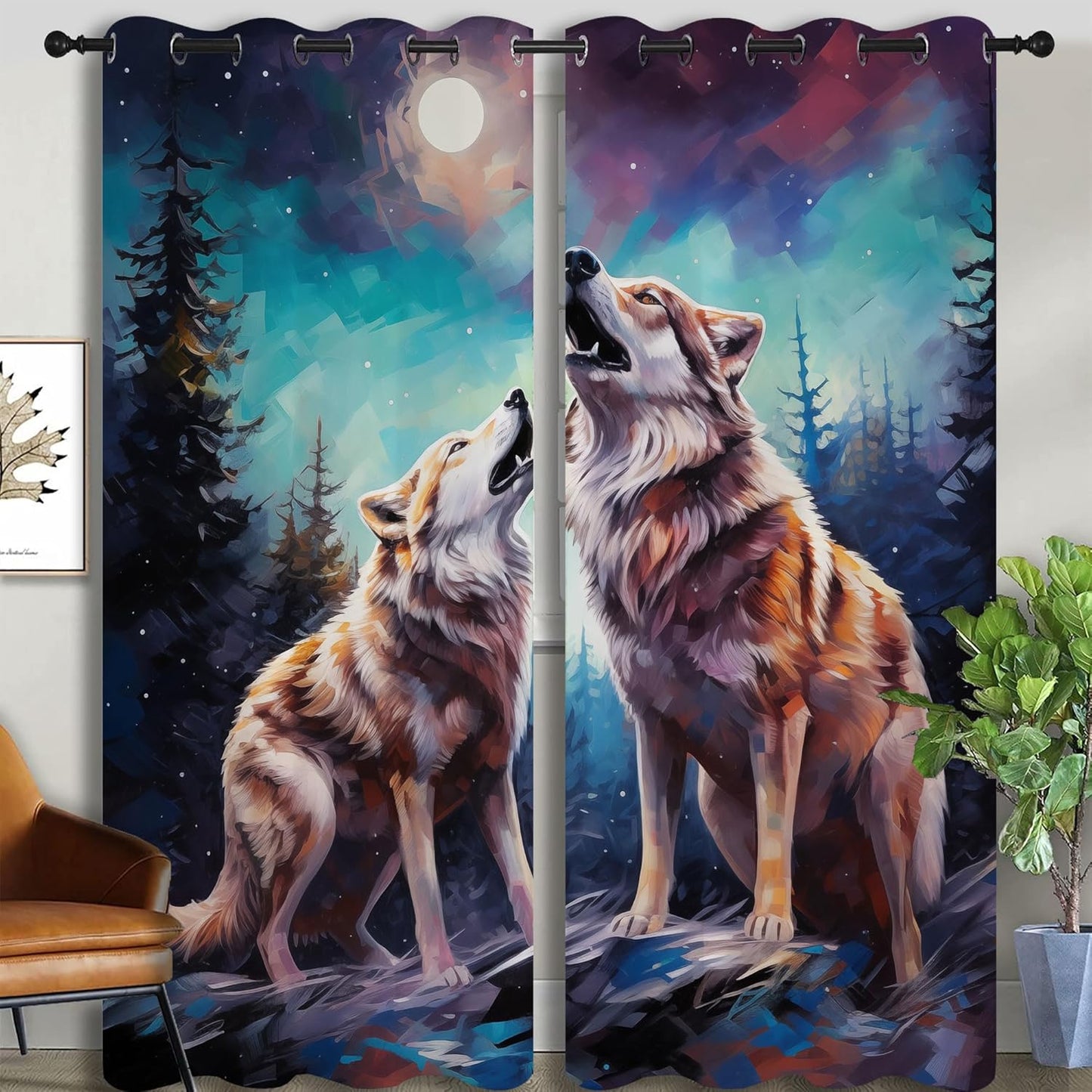 Wildlife Blackout Curtains for Boys Girl Bedroom Decor,Fantasy Starry Full Moon Wolf Howling Thermal Insulated Grommet Drapes Darkening Window Curtain for Living Room Home 84x84 inch