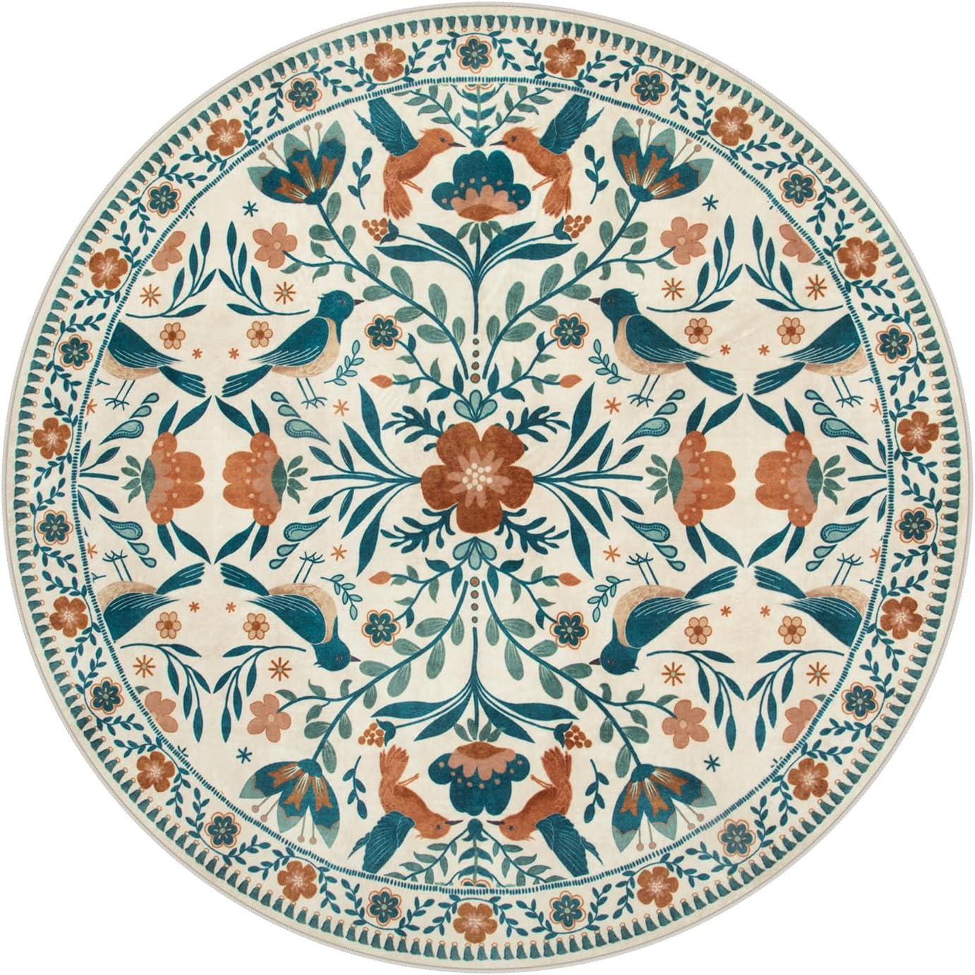 Moynesa Boho Bird Round Rug 6ft, Machine Washable Circle Area Rug for Living Room Ultra Thin Soft Large 6'x6' Bedroom Carpet for Office Kitchen Dining Room Under Table, Indoor, Easy Clean, Beige