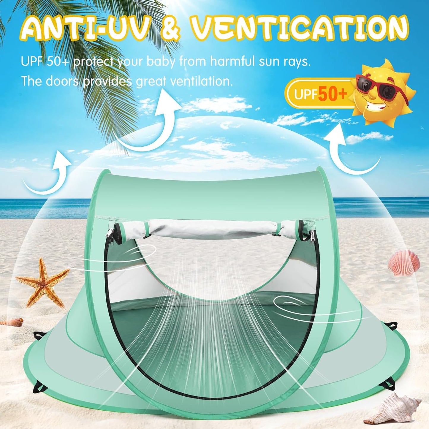 Baby Beach Tent,Large Pop Up Beach Tent Sun Shade for Beach,Portable Baby Travel Tent with Mosquito Net,Indoor Baby Play Tent,UPF 50+ UV Protection Sun Shelters for Infants