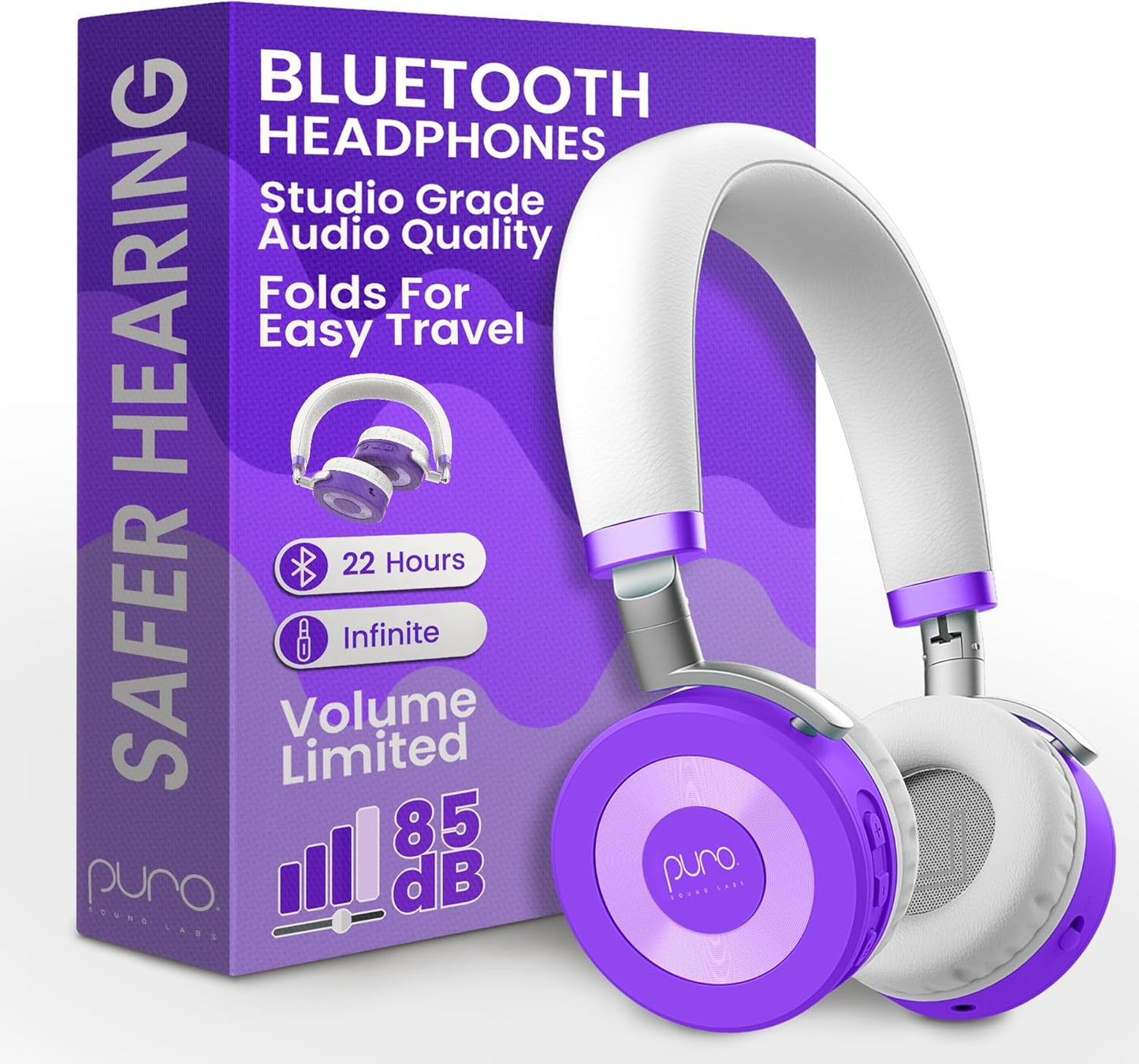 Puro Sound Labs JuniorJam Plus Volume-Limiting Wireless Bluetooth Headphones for Kids, Secure Audio with Adjustable On-Ear Design, 22-Hour Battery, Ideal for Tablets, Smartphones & PCs - Purple