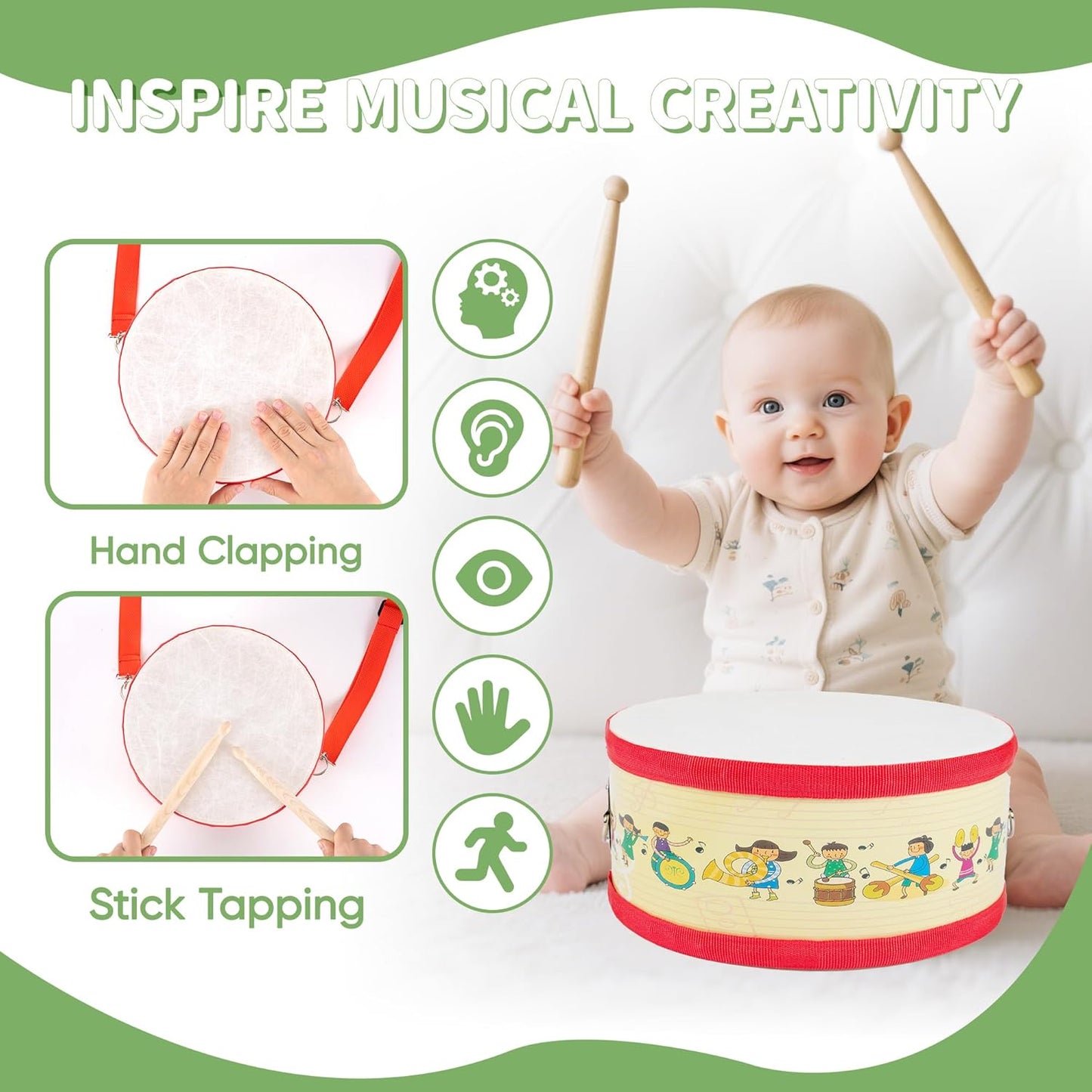 Kids Drum Set with Adjustable Strap: Toddler Musical Instrument for Ages 3-5, Wearable Drum Kit with Drumsticks, Educational Percussion Toy for Rhythm Music Development (Red)