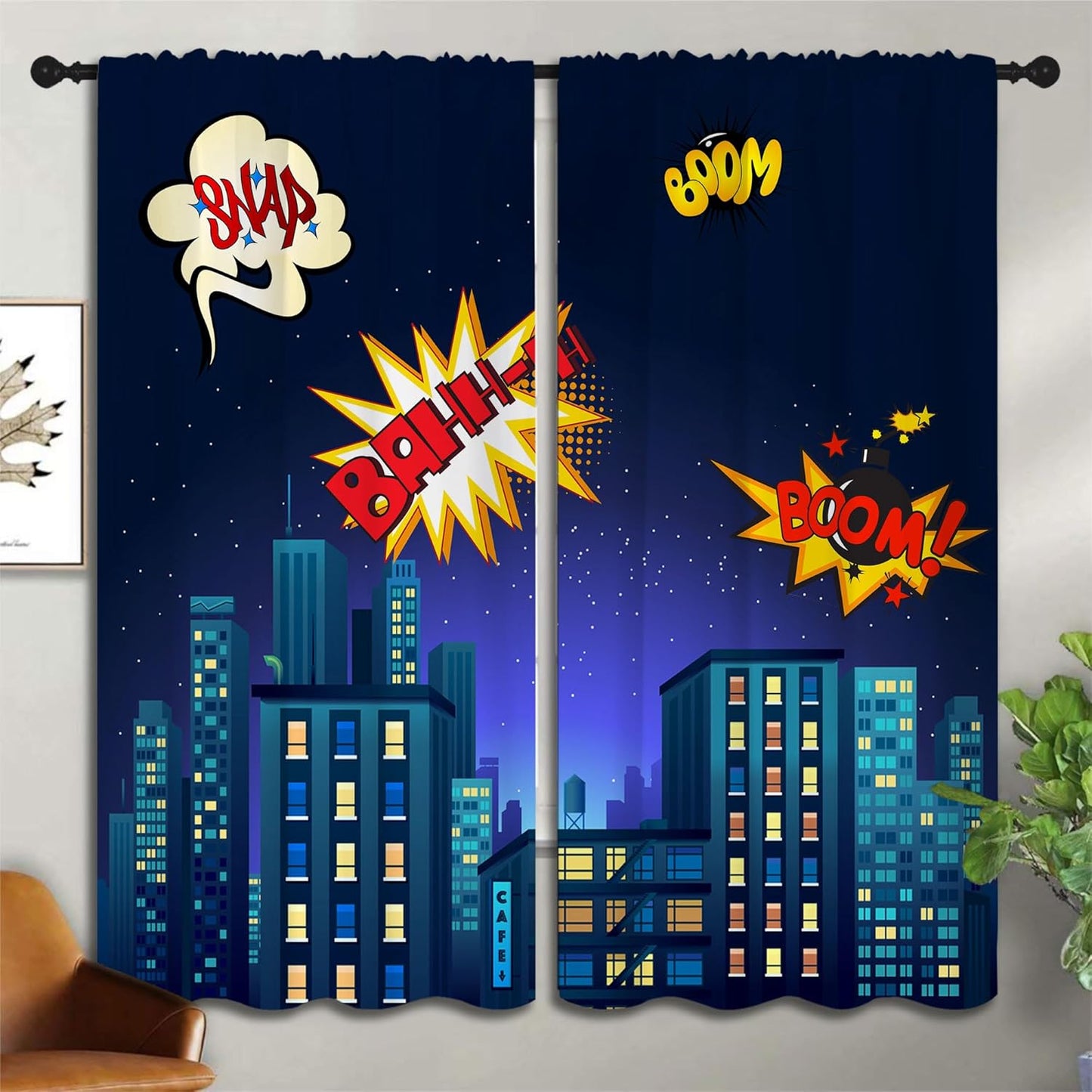Superhero Rod Pocket Blackout Curtains for Boy Girl Bedroom, Cartoon Skyline Buildings Cityscape Thermal Insulated Home Window Drapes for Living Room Darkening, 55x63 inch
