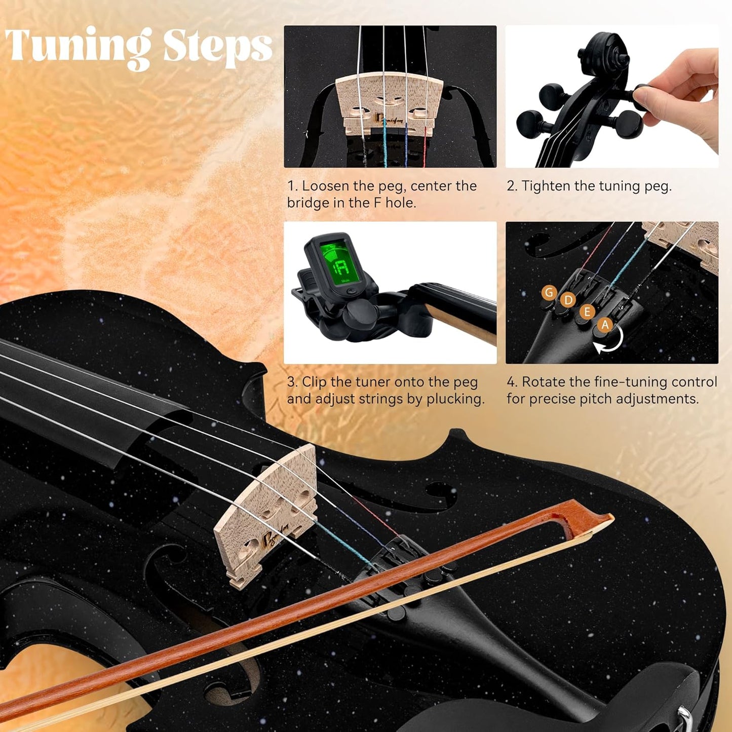 3/4 Acoustic Violin Fiddle, Black Violin for Beginners for Beginners Violin Starter Kit w/Case, Two Bows, Two Bridges, Two Rosins, Two 3/4 Strings Full Size Set, Shoulder Rest, Clip-on Tuner, Manual