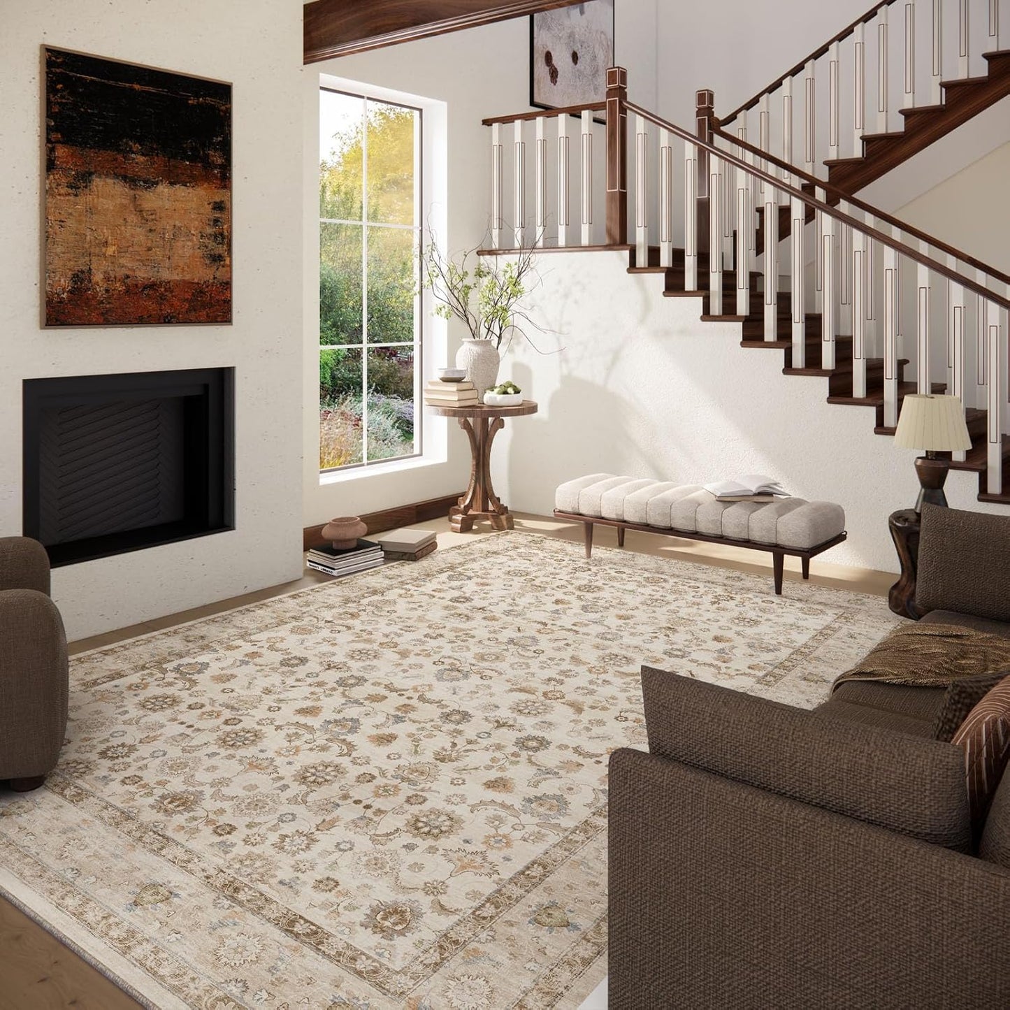 Washable Area Rugs for Living Room: 8x10 Bedroom Rug Boho Vintage Area Rug Stain Resistant Non Slip Low Pile Lightweight Soft Carpets for Dining Room Kitchen Nursery Kids Room Playroom Home Office