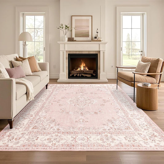9x12 Area Rug Washable: Oriental Soft Area Rug for Living Room Bedroom No Shedding - Low Pile Thin Carpet Rug for Dining Room Non Slip - Boho Vintage Rug for Home Decor - Soft Pink