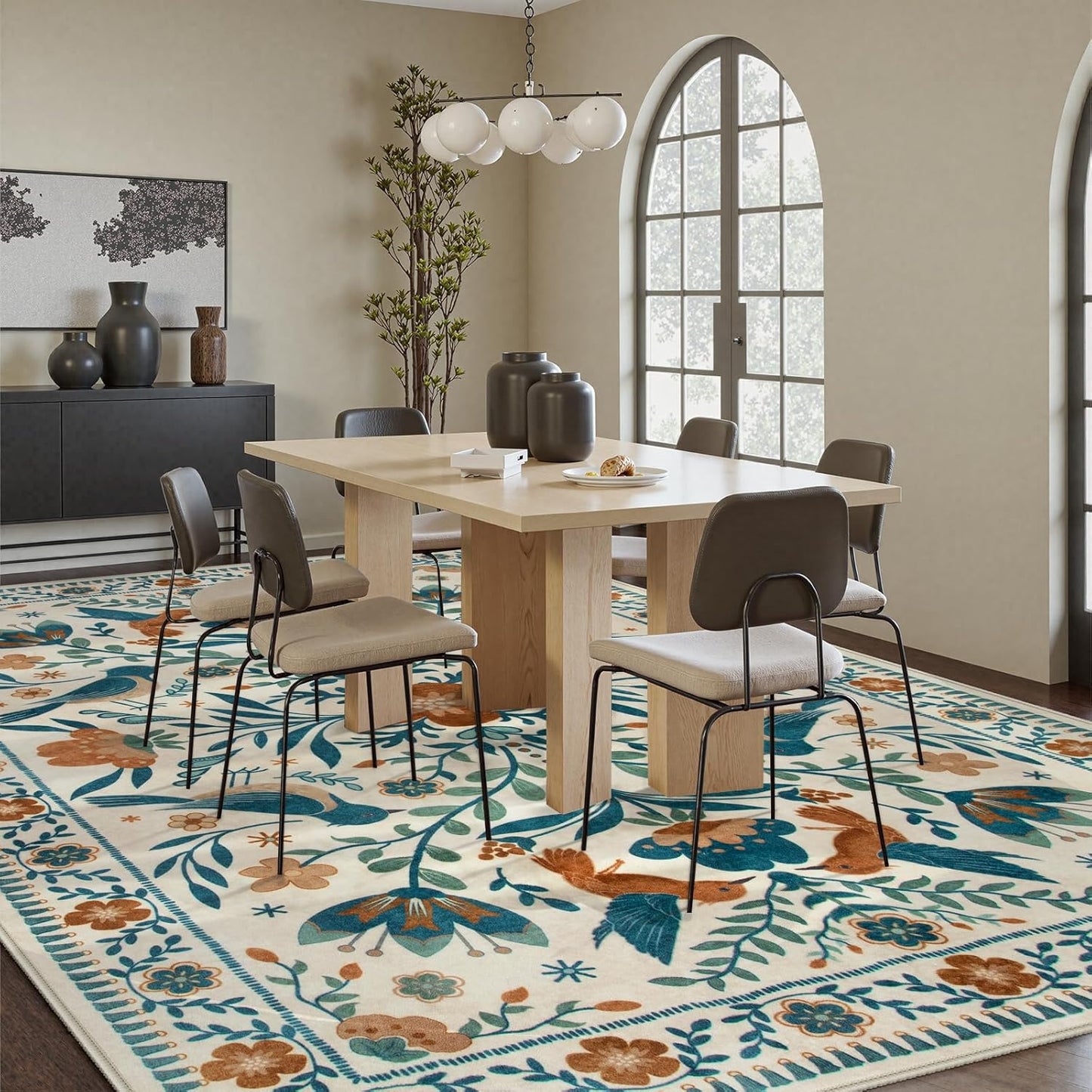 Moynesa Boho Bird 9x12 Area Rug Washable 9x12 Rugs for Living Room, Large Floral Bedroom Carpet Low-Pile Soft Animal Playroom Rug, Jungle Pattern Indoor Carpet for Dining Room Nursery