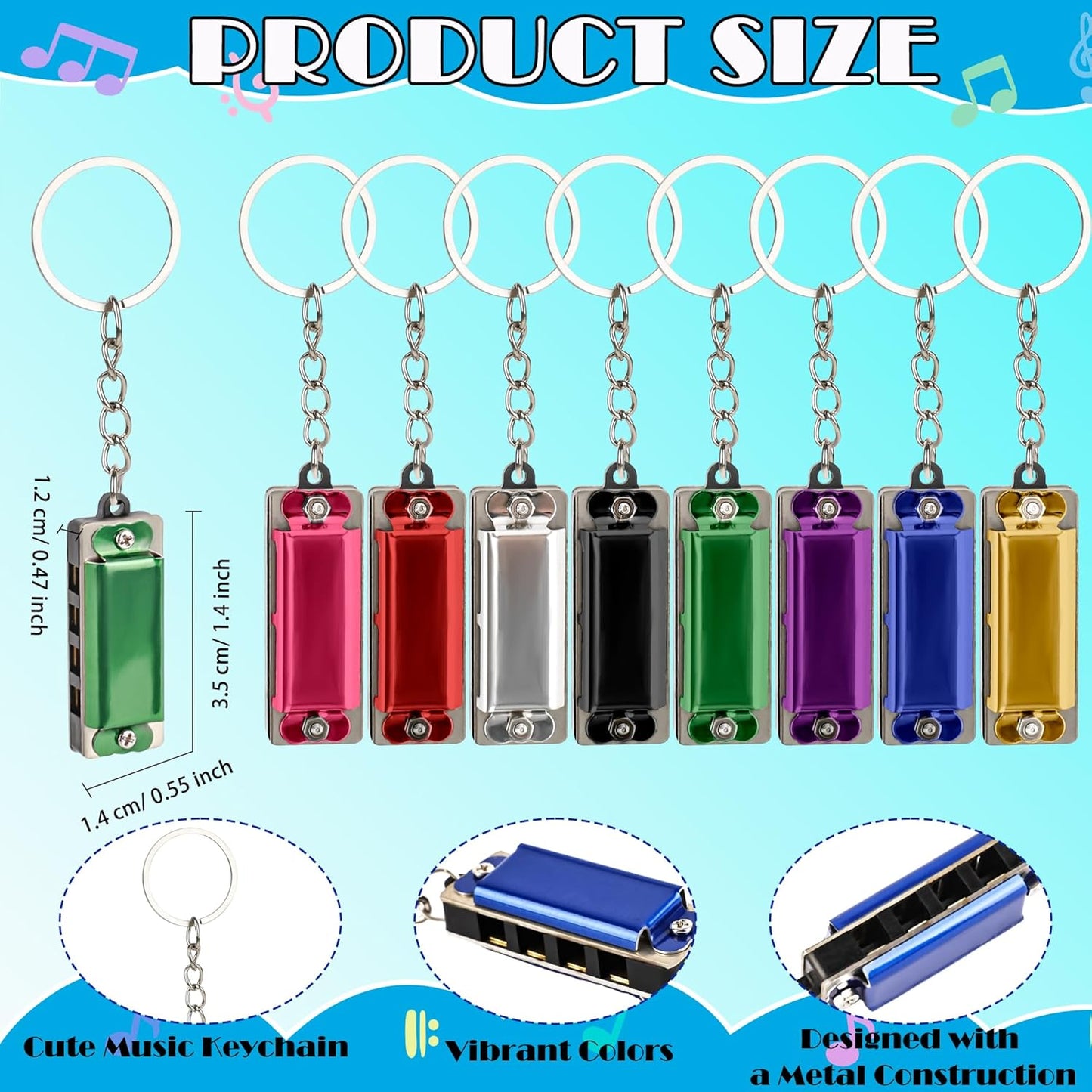 36-Piece Mini Harmonica Keychain for Kids, Portable Music Harmonica, 4 Holes, 8 Tunes, 8 Colors
