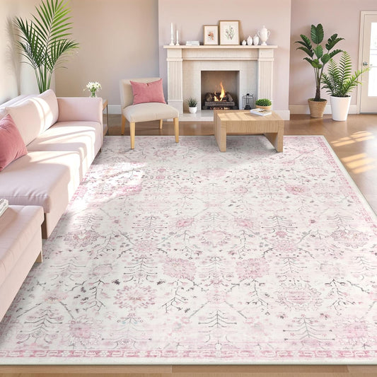 Lahome Washable Rugs 8x10, Soft Nursery Area Rug for Girls and Kids, Low Pile Boho Purple Carpet for Snug Bedroom Kids Room Classroom, Spill-Proof Non Slip Floral Fresh Simple Carpets for Living Room