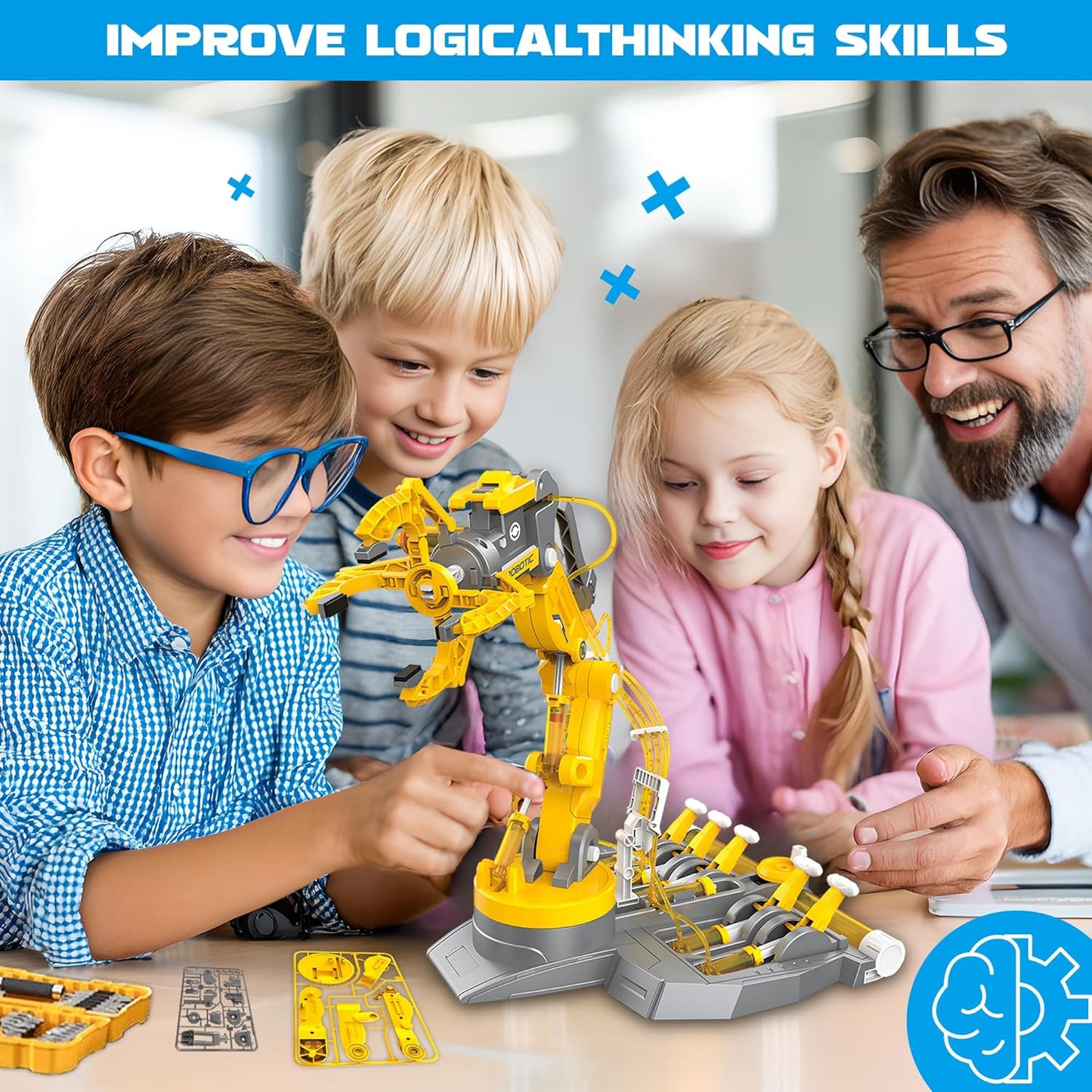 SMIESSKIDDO 3 in 1 Hydraulic Robot Arm - 220 Pcs STEM Building Toys with 4-Jaw Grab, Suction & Tongs for Kids 8-12 | No Batteries Needed Engineering Gift for Boys & Girls Ages 9 10 11