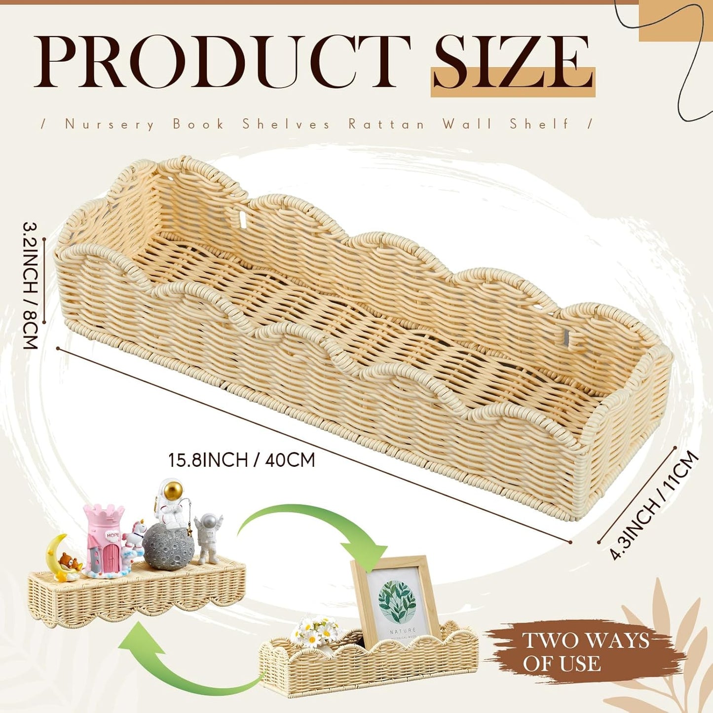 Pinkunn 3 Set Nursery Book Shelves Scalloped Rattan Wall Shelf 15.8 x 3.2 Inch Wall Mounted Plastic Floating Book Shelve, Hanging Boho Wicker Woven Shelf for Nursery Decor and Storage (Boho Beige)