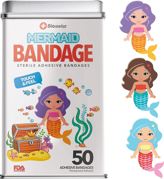 BioSwiss Bandages, Mermaid Shaped Self Adhesive Bandage, Latex Free Sterile Wound Care, Fun First Aid Kit Supplies for Kids, 50 Count