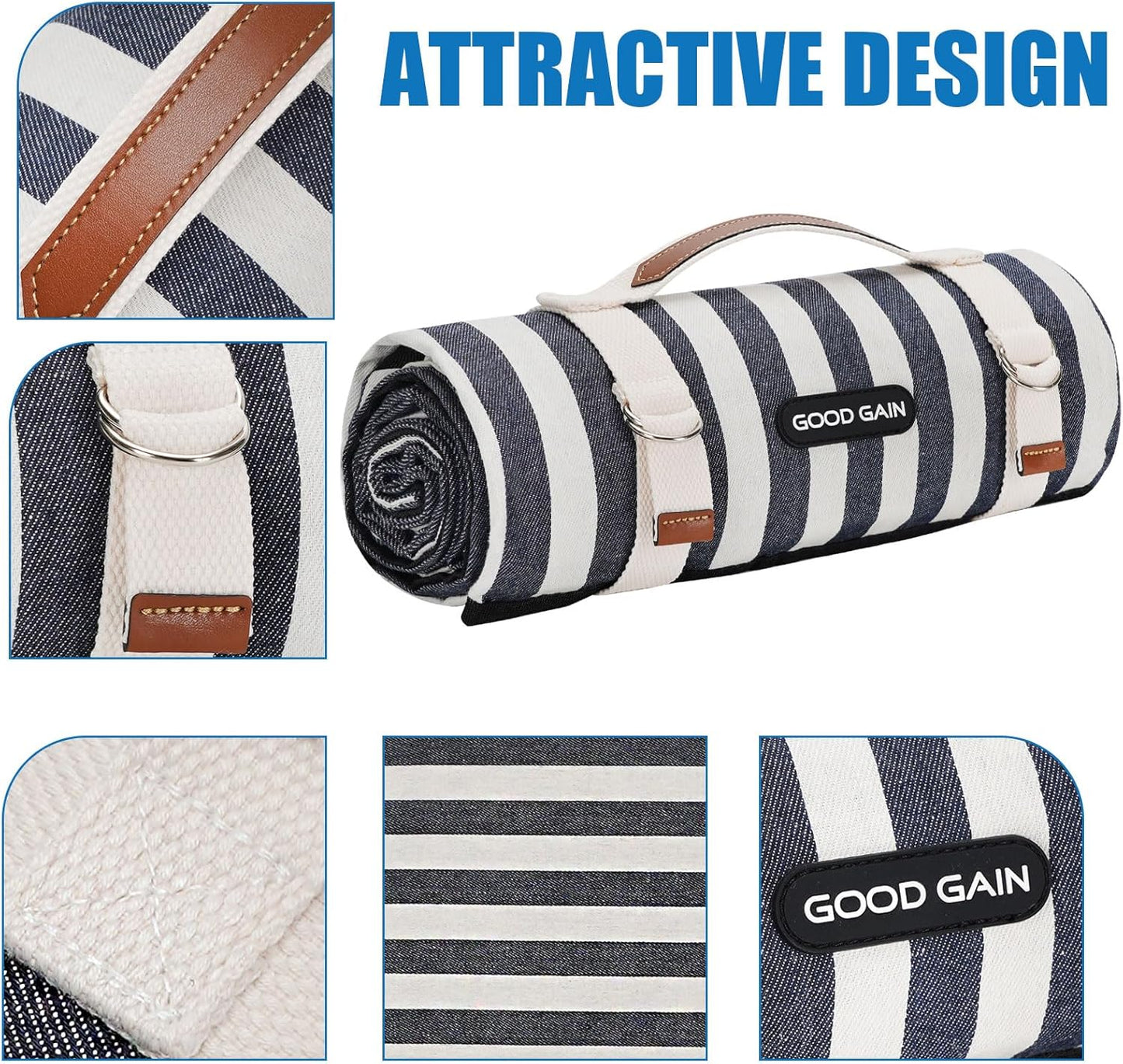 Picnic Blankets Outdoor Extra Large - Waterproof Picnic Blanket with Carry Strap | Machine Washable Picnic Mat with Sandproof Backing for Park,Grass,Hiking,Travel,Concerts,Indoor(Aegean Blue)