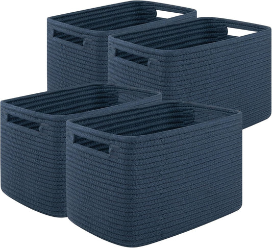Storage Baskets for Organizing, Woven Decorative Baskets for Shelves - Books, Towels, and Clothes, Cotton Rope Toy Storage Bins, 12.7''Lx9''Wx7.8''H, Pack of 4, Blue