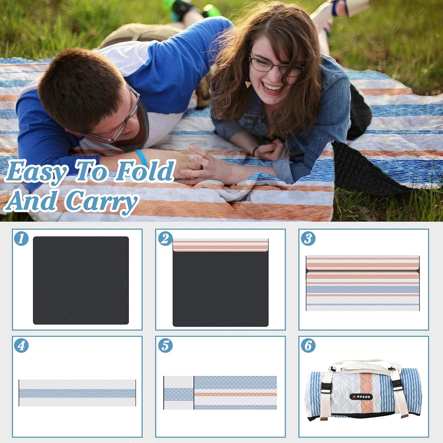 Waterproof Picnic Mat, Outdoor Camping Oversized Field Blanket. Portable Thickened Camping Blanket, Suitable for Beach, Camping, Music Festival, Party, Outdoor Adventure. (Yellow&Blue&White, 80”x60”)