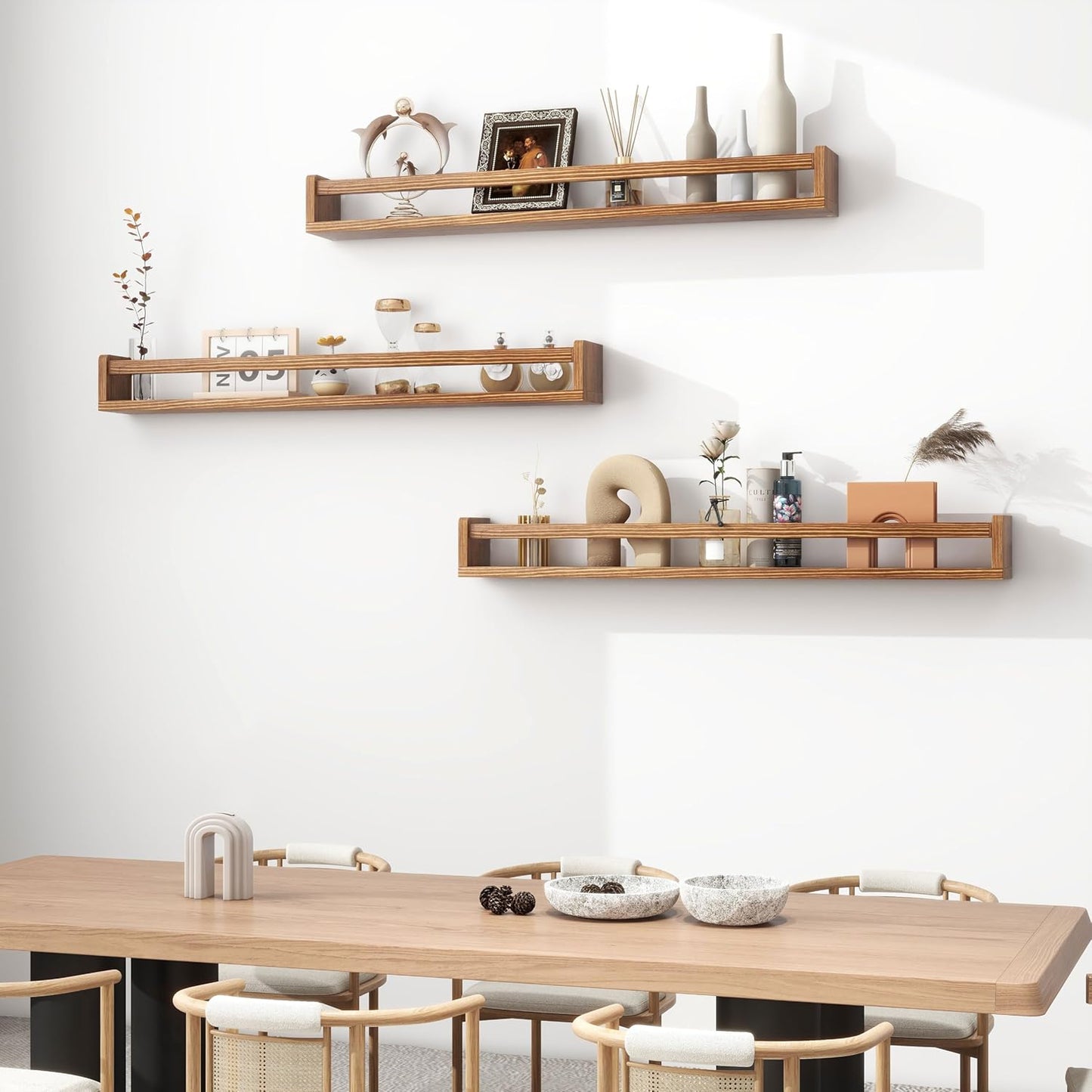 Fun Memories Nursery Book Shelves - Rustic Natural Solid Wood Floating Bookshelf for Kids - Wall Book Shelves for Kids Room (Carbonized, 32inch - 2P)