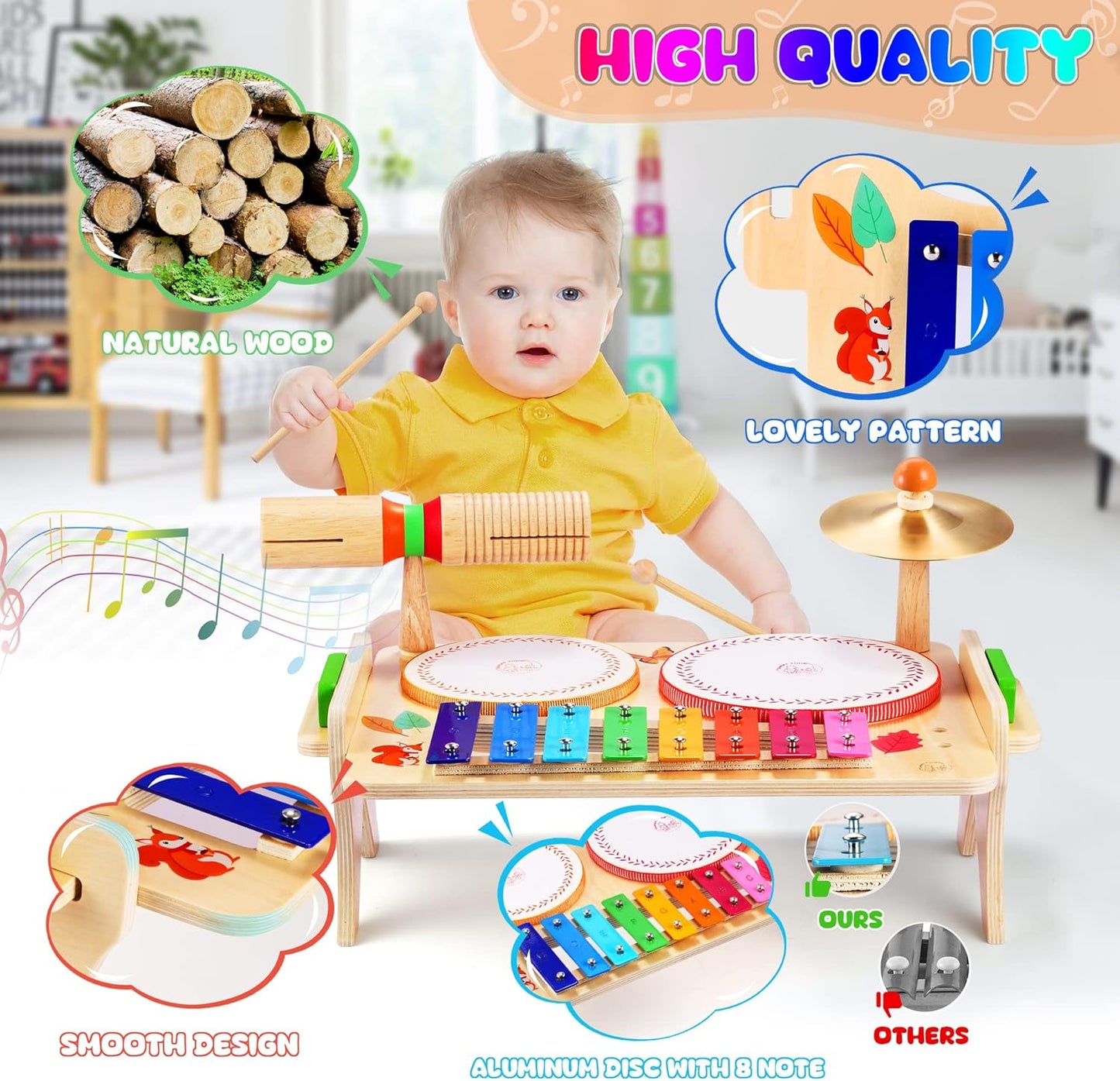 Wingyz Kids Drum Set for Toddlers Baby Music Instruments 7 in 1 Montessori Preschool Musical Toys Children Drum kit Xylophone Tambourine Birthday Gifts for Boys and Girls