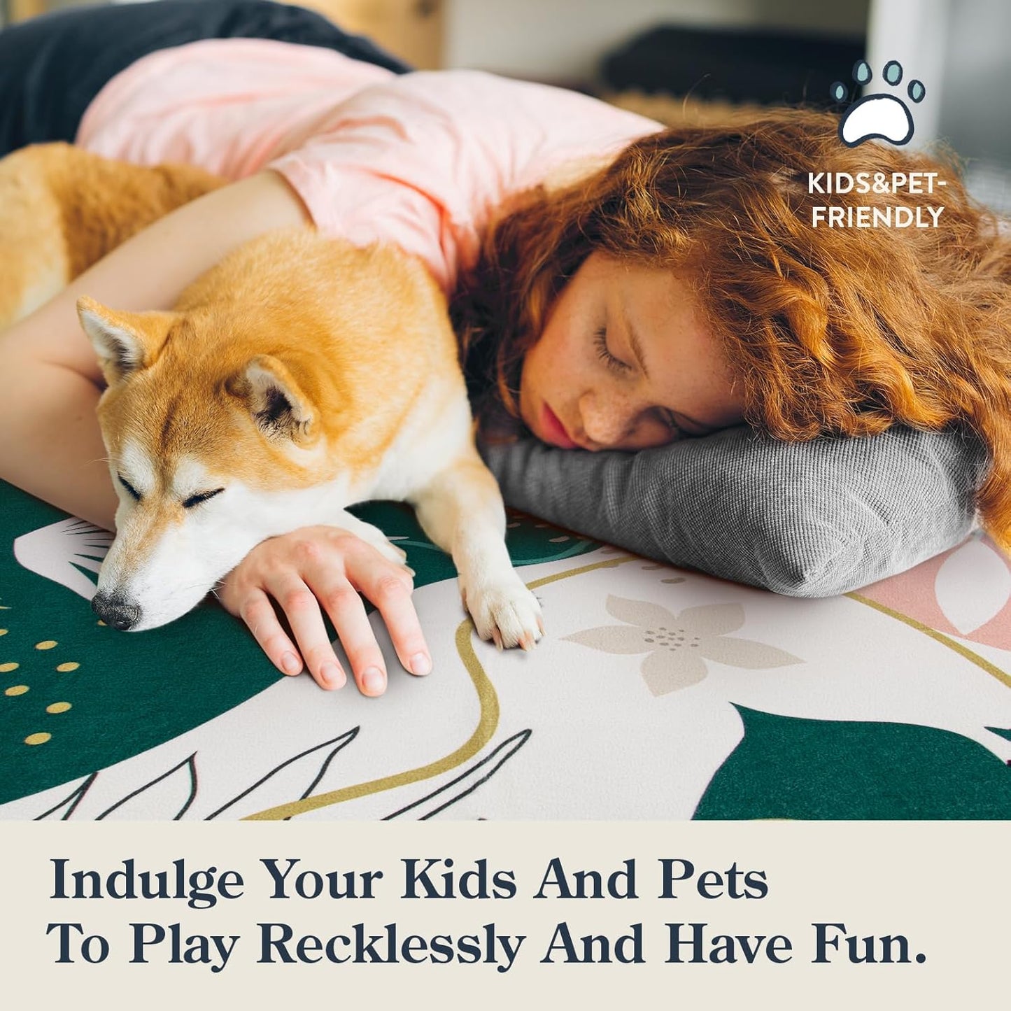 Lahome Washable Rug 5x7 - Rugs for Living Room 5x7 Non-Slip Ultra-Thin Carpet for Bedroom Cute Soft Kids Nursery Rug, Boho Botanical Print Indoor Floor Rug for Entryway Office (5'x7',Green/Pink)