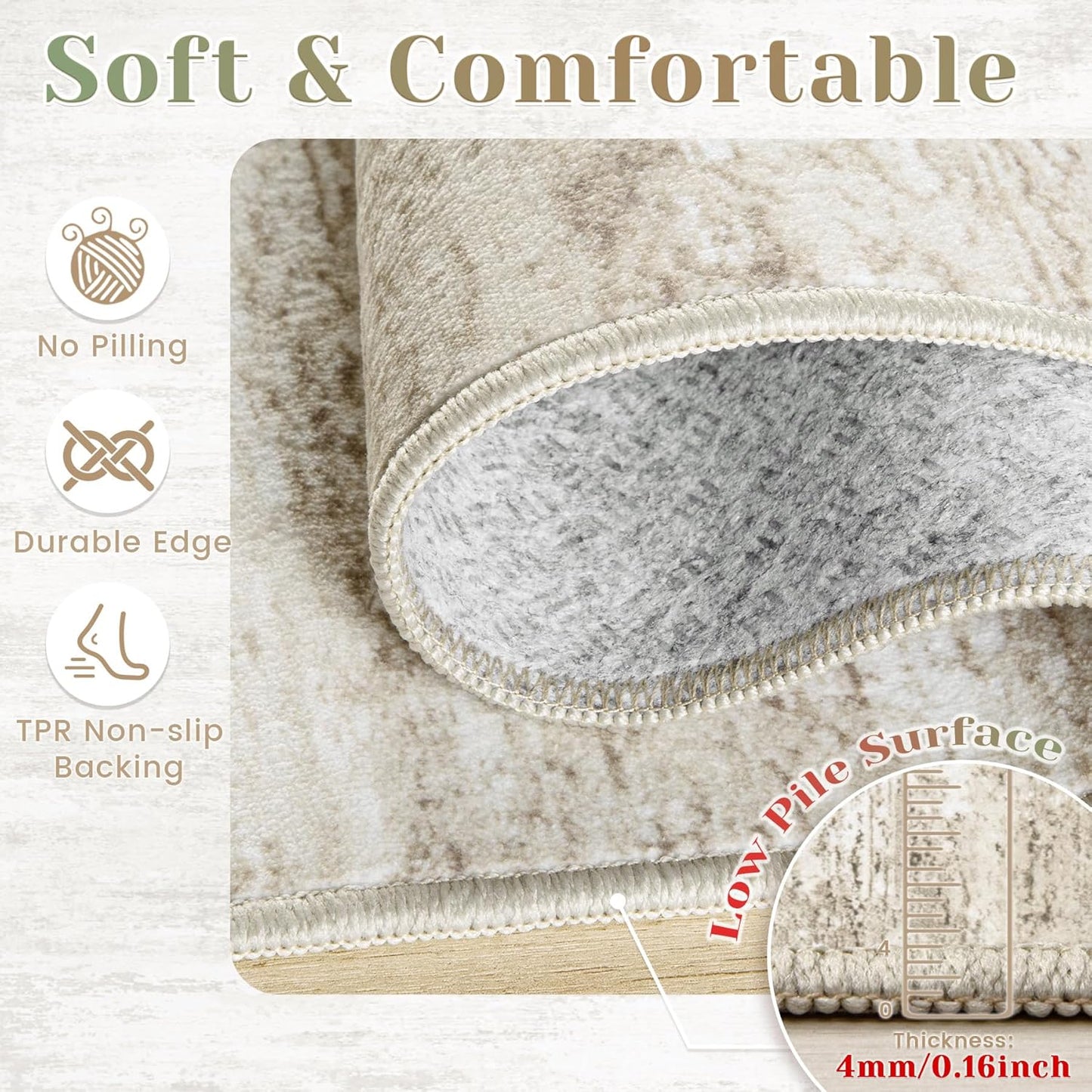 Washable Rug 5x7 Area Rugs for Living Room: Neutral Soft Rug Abstract Non Slip Low Pile Modern Carpet for Bedroom Kitchen Nursery Office Dining Room Indoor (Beige, 5'x7')