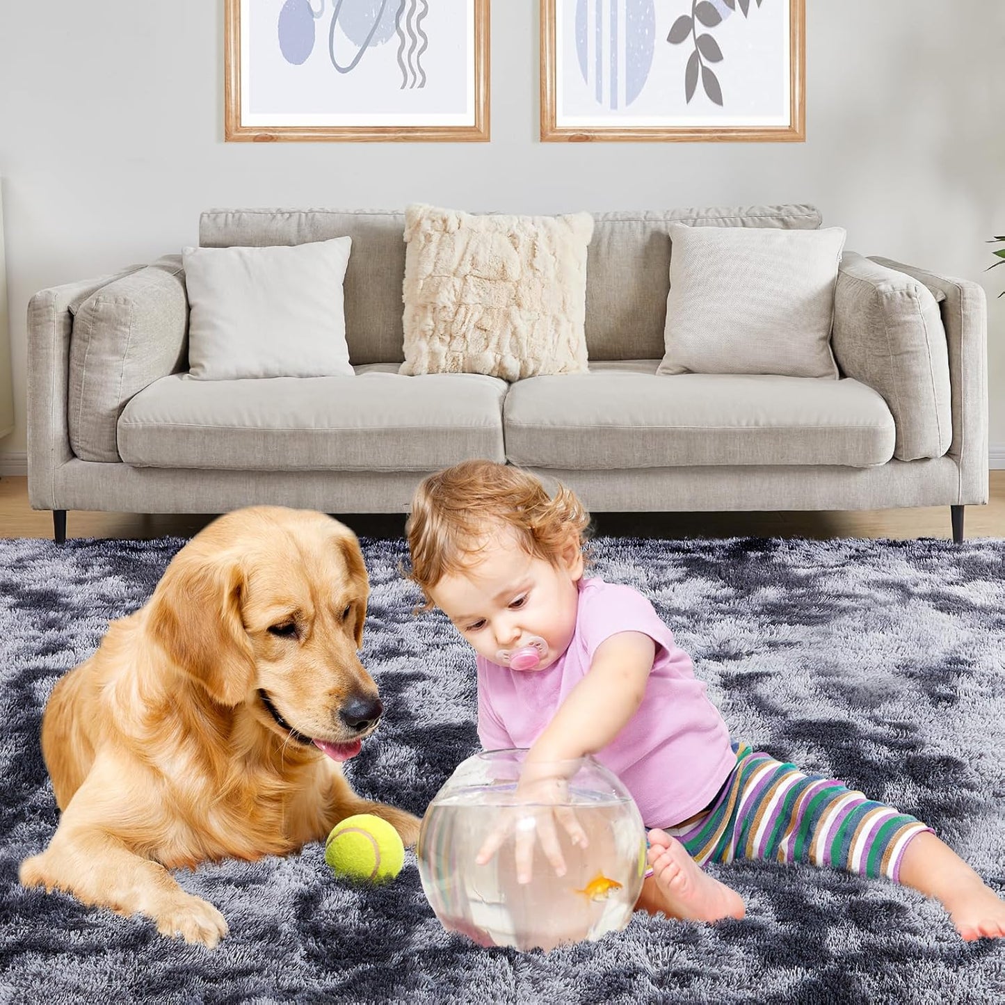 8x10 Fluffy Rugs for Living Room, Ultra Soft Plush Area Rug for Bedroom, Anti-Skid High Pile Indoor Carpet for Nursery, Kids Room, Playroom, Home Decoration, Tie-Dyed Dark Grey