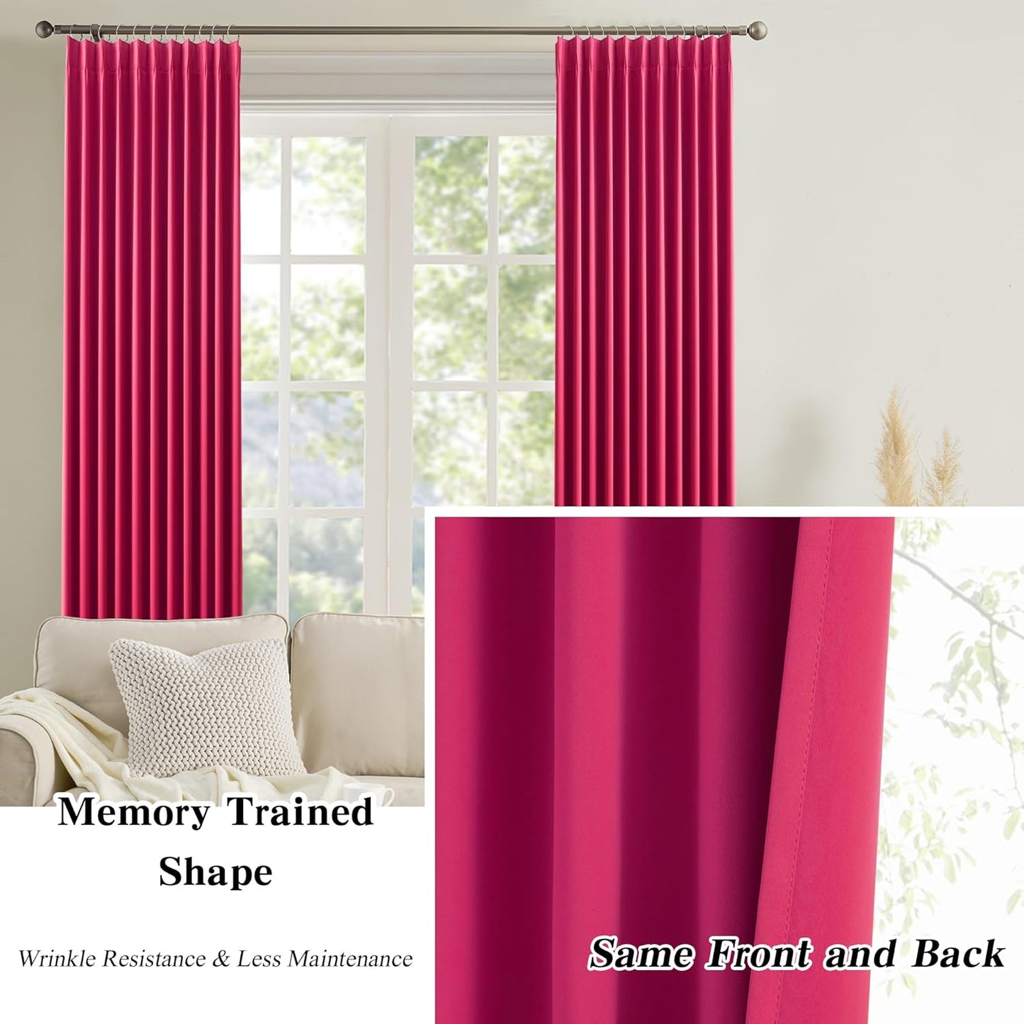 KEQIAOSUOCAI Pinch Pleated Curtains 120 Inches Long, Energy Saving Window Treatment Privacy Drapery for Living Room, Vertical Track System Elegant Hook Drapes(Hot Pink, 2 Panels, W40 x L120)