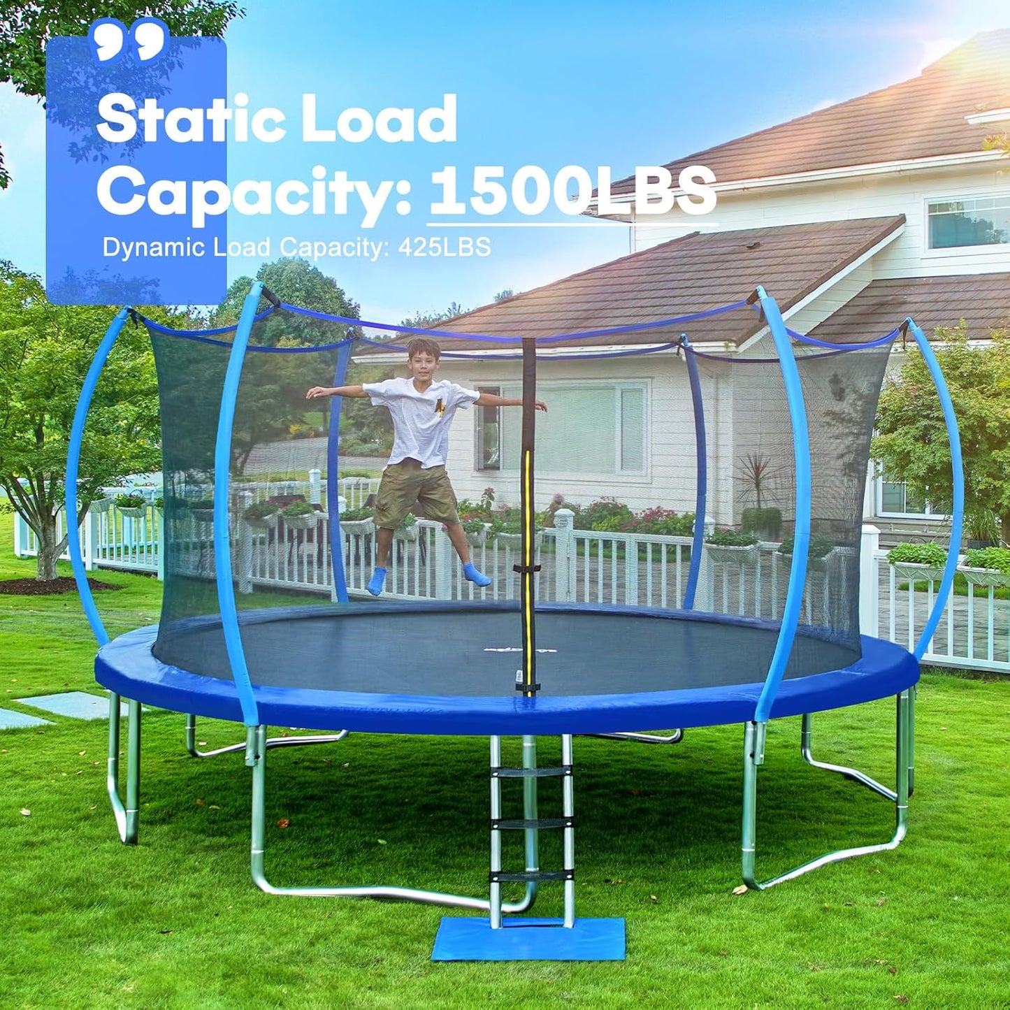Zupapa 1500LBS Weight Capacity No-Gap Design Kids Trampoline 16FT 15FT 14FT 12FT 10FT Outdoor Safety Enclosure Trampolines with Non-Slip Ladder for Children, Adults & Family Backyard Fun