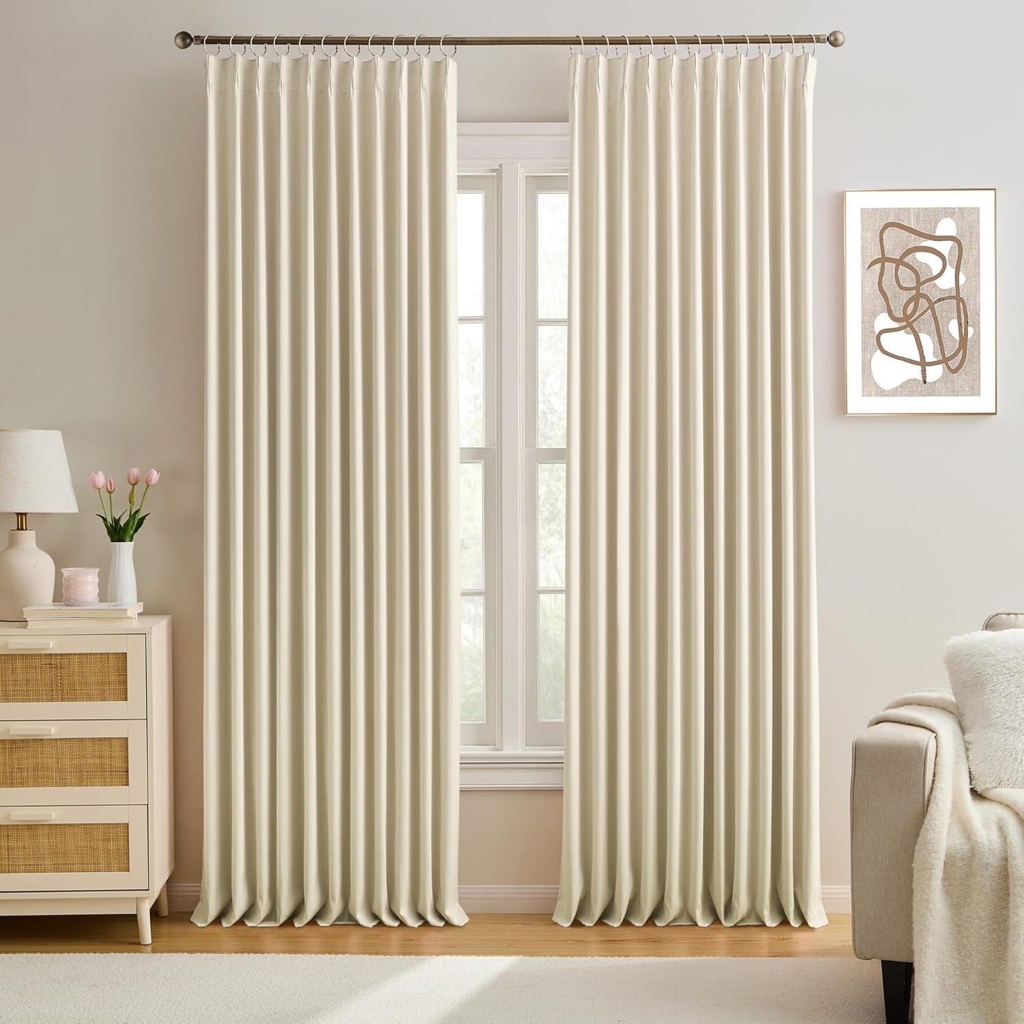 KEQIAOSUOCAI Cream Beige Blackout Pinch Pleated Curtains 95 Inches Long, Privacy Window Drapes for Living Room/Dining Room/Bedroom, 72 Inch Wide x 95 Inch Long, Pinch Pleat with Hooks, 2 Panels