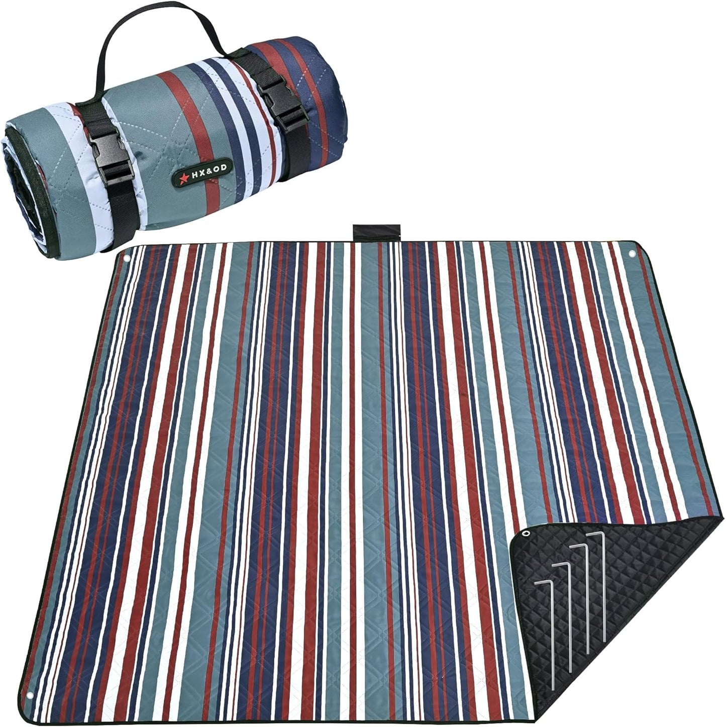 HX&OD Outdoor Picnic Blanket Extra Large, 80''*80'' Waterproof Picnic Mat with Stakes Foldable Camping Blanket Portable with Carry Strap for Beach Mat (Red, 80''*80'')