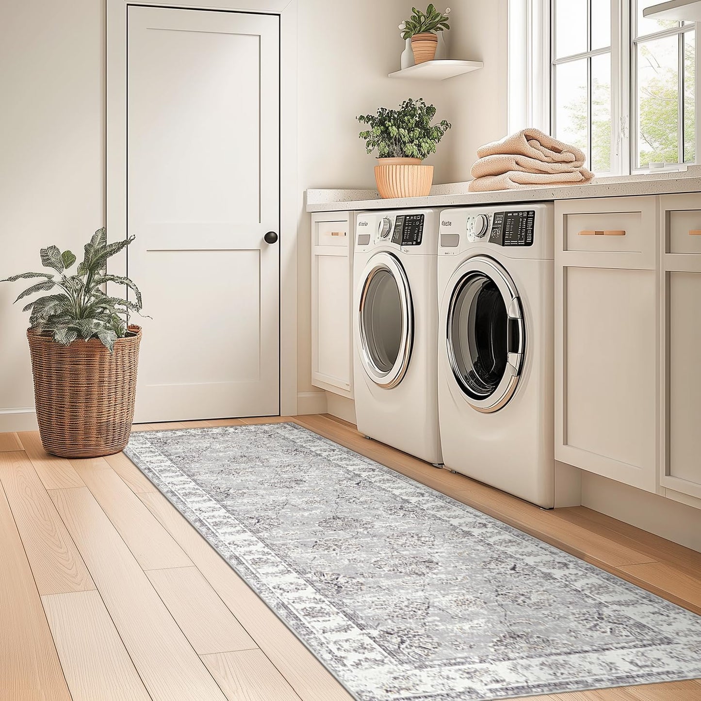 jinchan Hallway Runner Rug 2x8 Machine Washable Runner Rug Grey Vintage Floral Design Non-Slip Ultra-Thin for Kitchen Laundry Room Bedroom Farmhouse (2‘x8',Grey)