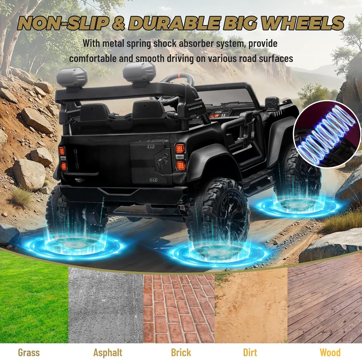 ENYOPRO 24V Licensed Ford Bronco Raptor Electric Car for Kids, 2 Seater Battery Operated Ride On Truck Toys with Remote Control, 4-Wheel Suspension, Bluetooth, Radio, LED Lights, 3 Speed - Black