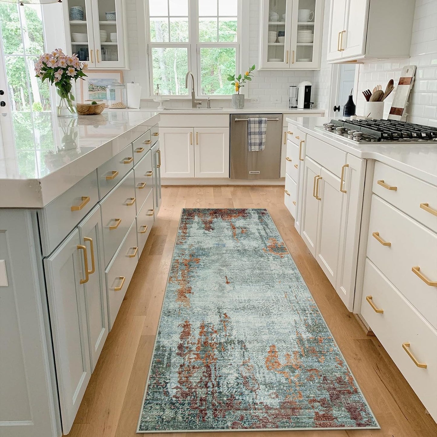 Runner Rug for Hallways Kitchen 2'6"x8' Washable, Non Slip Carpet 8ft Area Rugs Entryway Rubber Backed 8 Feet Neutral Abstract Modern Low Pile Indoor Red Brown