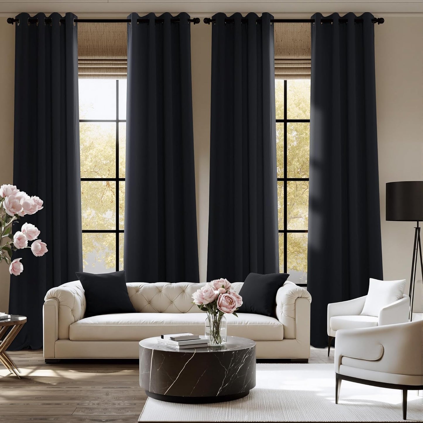NICETOWN Blackout Curtains for Bedroom 96 Inches Long, 2 Panels, W52, Black, 3 Pass Microfiber Noise Reducing Thermal Insulated Solid Ring Top Blackout Window Drapes
