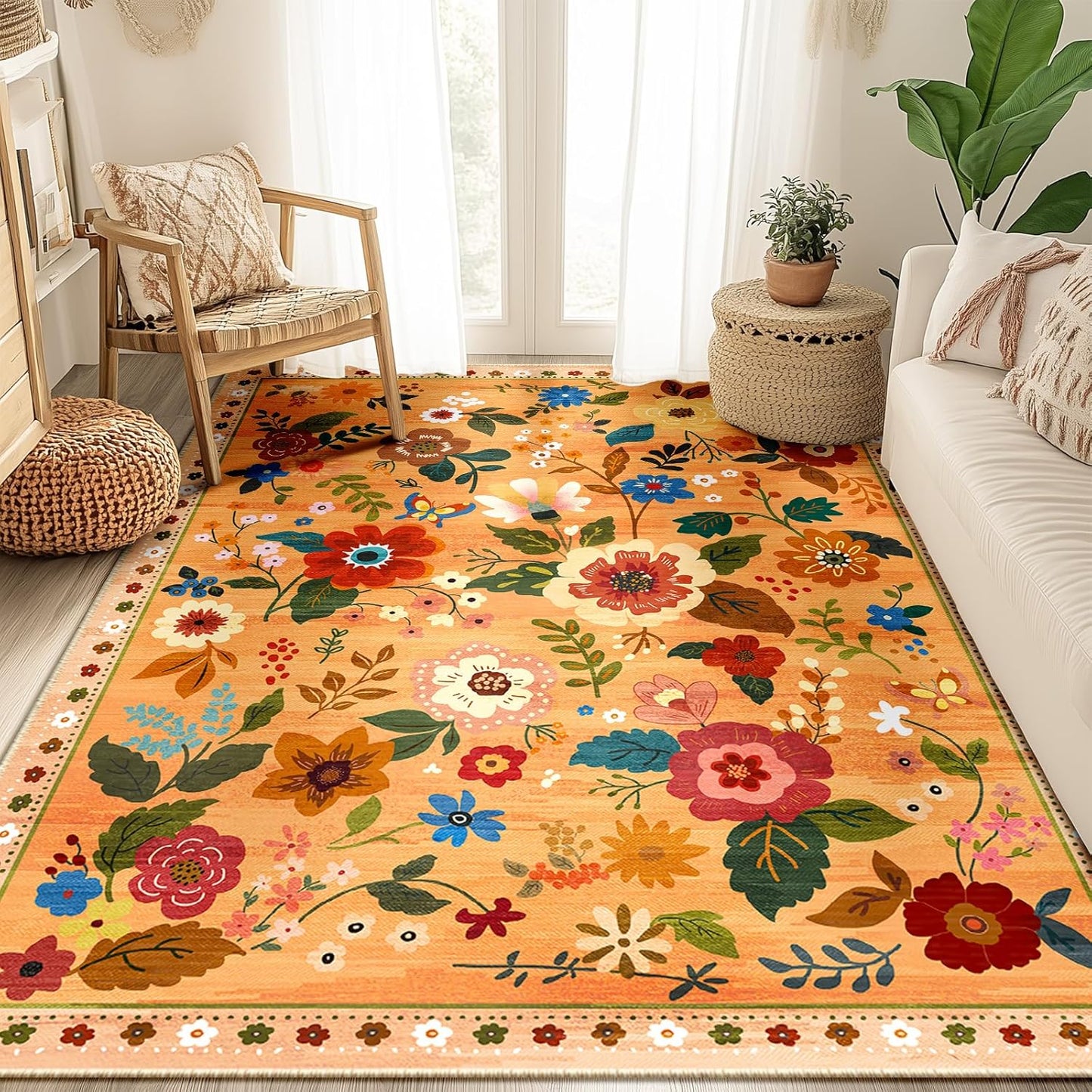 Floral 5x7 Area Rug Machine Washable Soft Print Boho Carpet Non Slip Doormat Low Pile Flower Area Rugs for Living Room Bedroom Nursery Kitchen Dining Room Indoor-Yellow/Orange