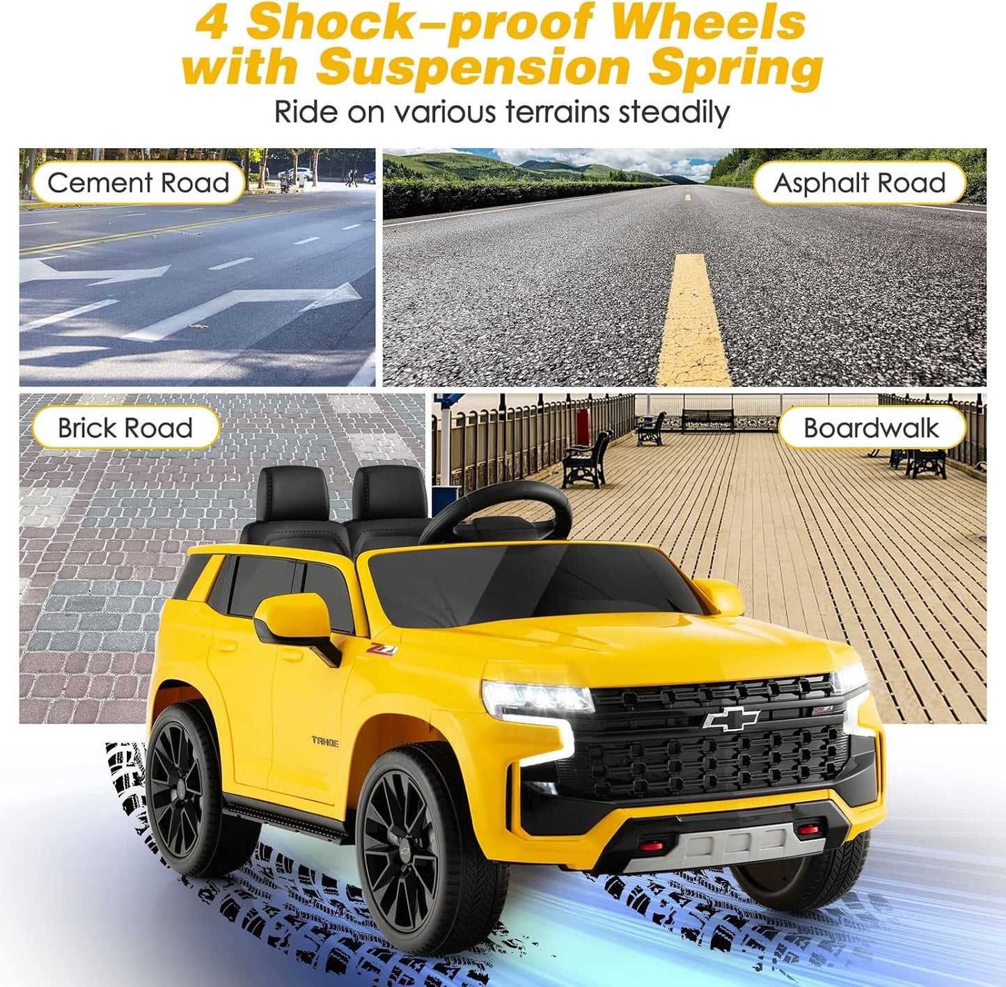 Costzon Ride on Car, 12V Licensed Chevrolet Tahoe Battery Powered Electric Vehicle w/ 2.4G Remote Control, High/Low Speed, Music, Lights, MP3/USB/FM, Spring Suspension, Electric SUV for Kids (Yellow)