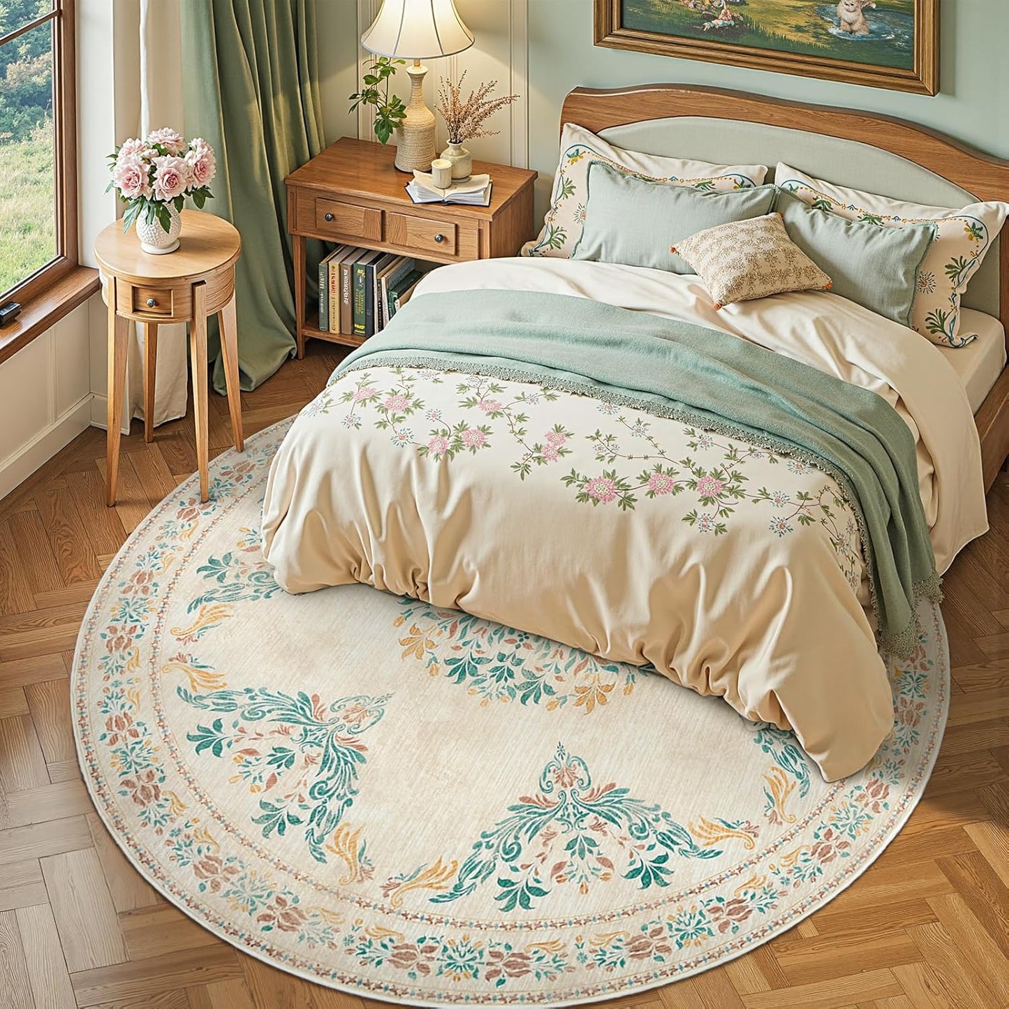 jinchan Round Rug 7ft Area Rugs,Vintage Floral Distressed Design Machine Washable Soft Non-Slip Low-Pile Ultra-Thin Circle Rug for Living Room Dining Room Bedroom Home Office (7' Round,Apricot Multi)