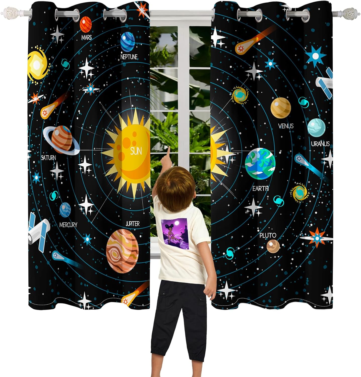 Solar System Curtain Panels - 2Pcs 82" x 63" 95% Blackout Outer Space Curtains for Boys Bedroom Grommet Room Darkening Galaxy Planets Themed Curtains for Living Room