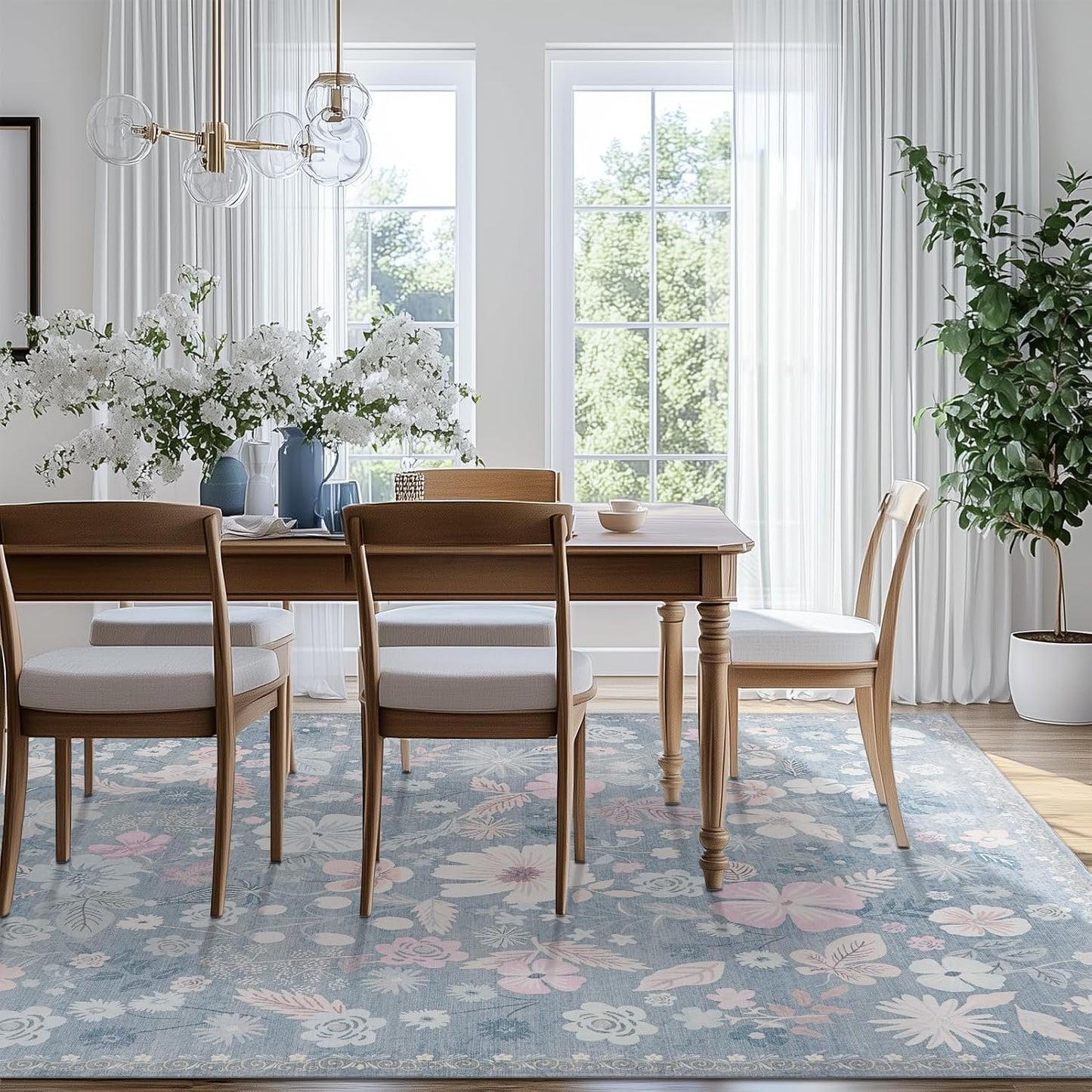 French Country 8x10 Area Rugs for Living Room Washable Blue Floral Stain Resistant Carpet Rug Soft Boho Vintage Garden Low Pile Non Slip Large Rug for Bedroom Dining Room Playroom Nursery,Daphne Blue