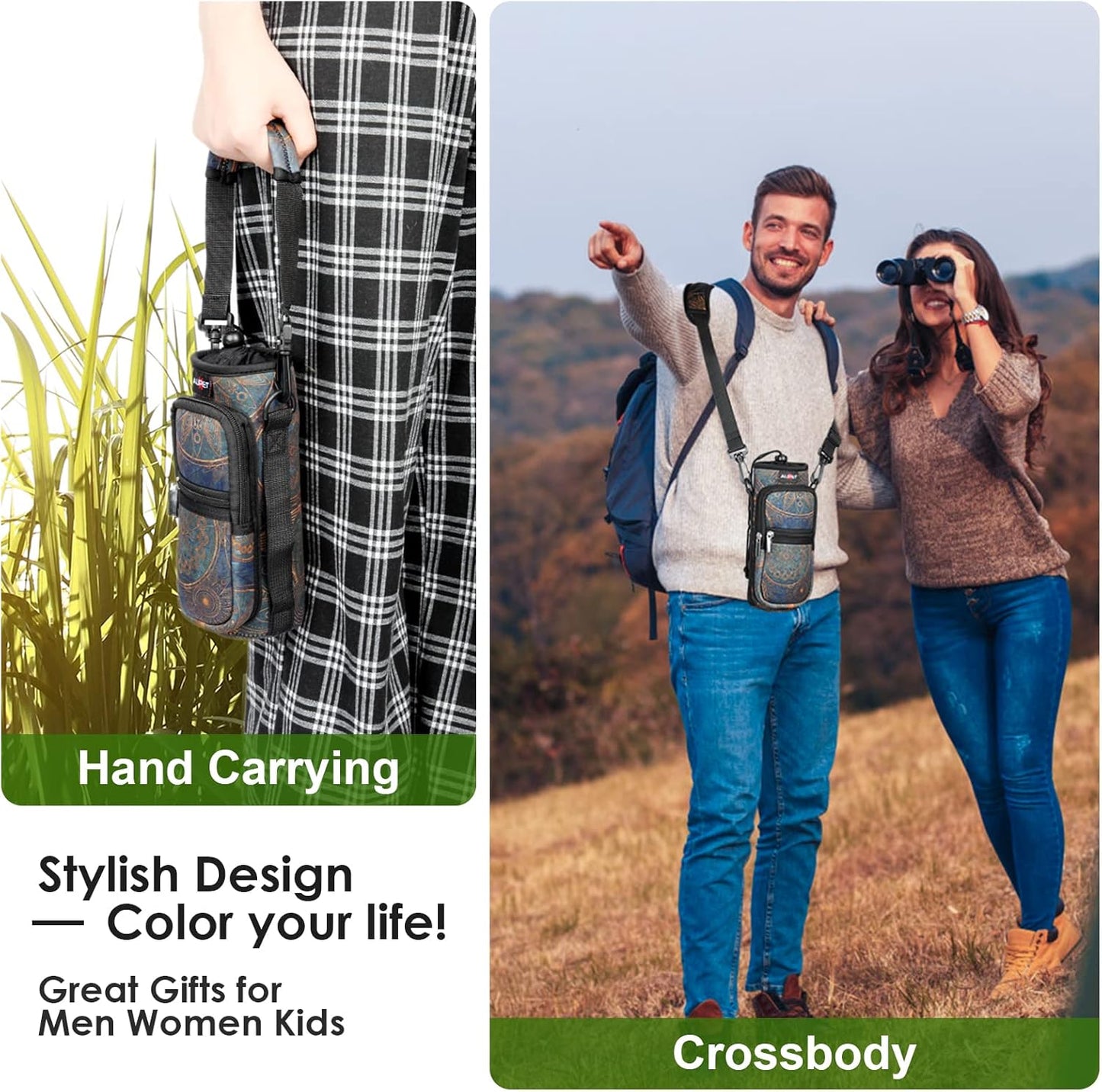 AUPET Water Bottle Sling Bag Sleeve Holder Carrier 25/32/40/64 oz,Insulated Crossbody Water Bottle Case Cover with Strap and Pockets for Men/Women Walking Hiking