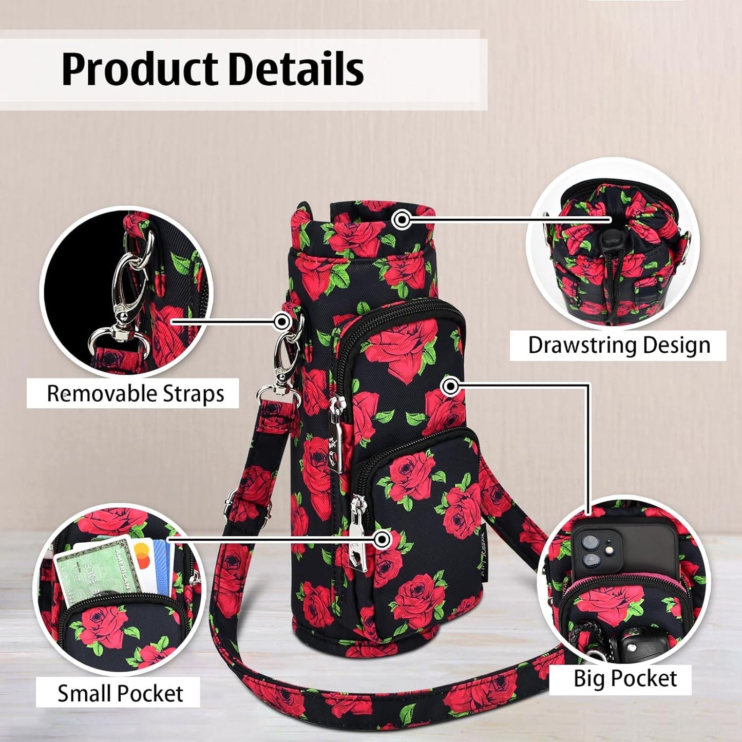 Betsey Johnson Insulated Water Bottle Pouch Holder Carrier Crossbag with Adjustable Shoulder Strap - Lightweight Polyester Accessories with Pockets Good for Hiking Sports