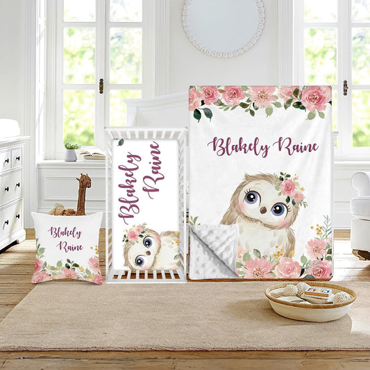 Custom Crib Bedding Set - Owl Design Personalized Name Baby Nursery Bed 3 Pcs Set - Chic Soft Blanket with Dotted Backing, Sheet, Pillowcase for Newborn Girls Boys Gifts Color21
