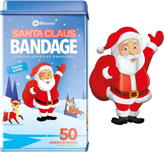BioSwiss Bandages, Santa Claus Shaped Self Adhesive Bandage, Latex Free Sterile Wound Care, Fun First Aid Kit Supplies for Kids, 50 Count