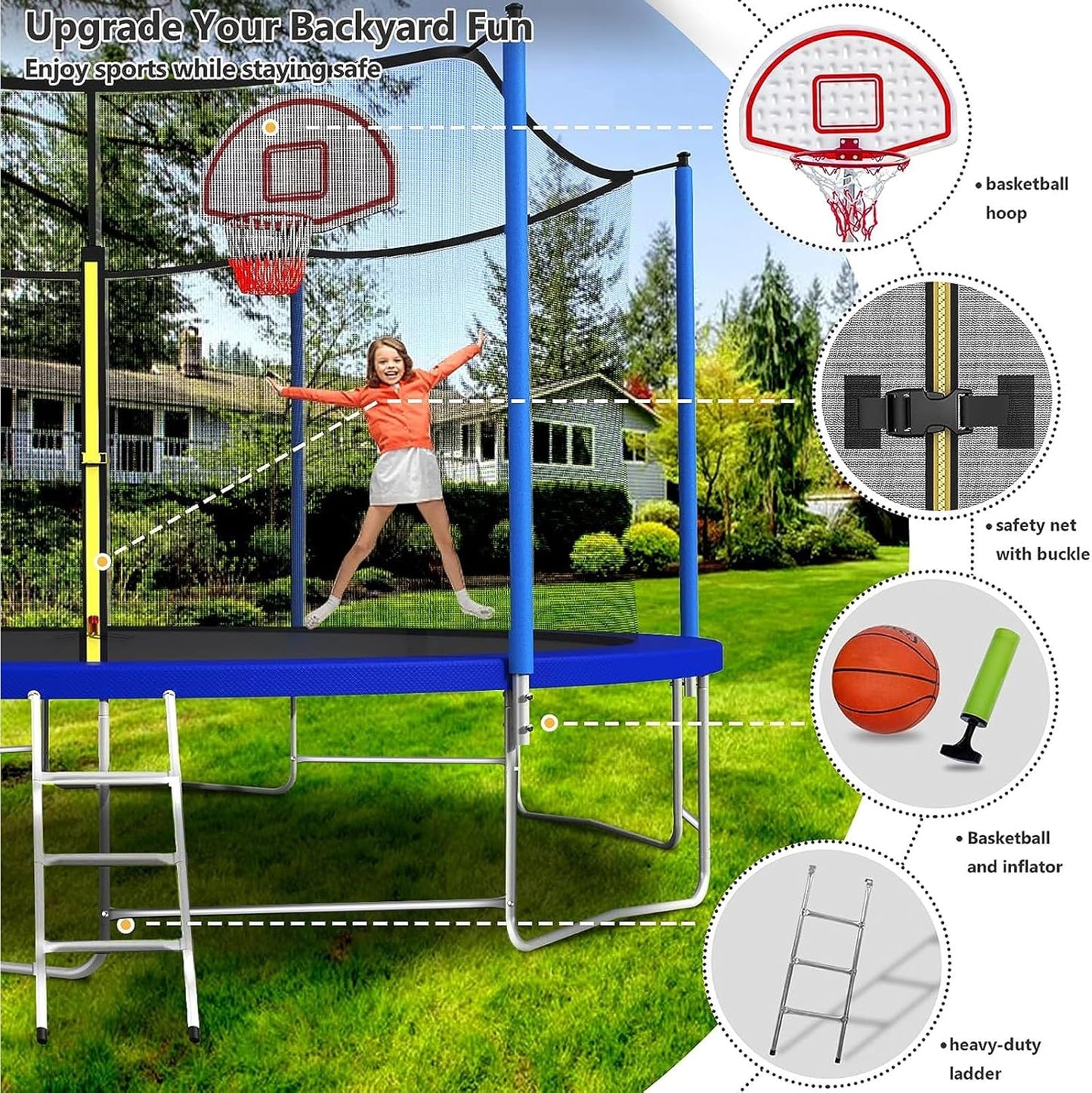 Upgraded 10/12/14/15/16FT Trampoline Outdoor, Large Kids Trampoline with Light, Stakes, Sprinkler, Backyard Trampoline with Basketball Hoop and Net, Capacity for 4-6 Kids and Adults