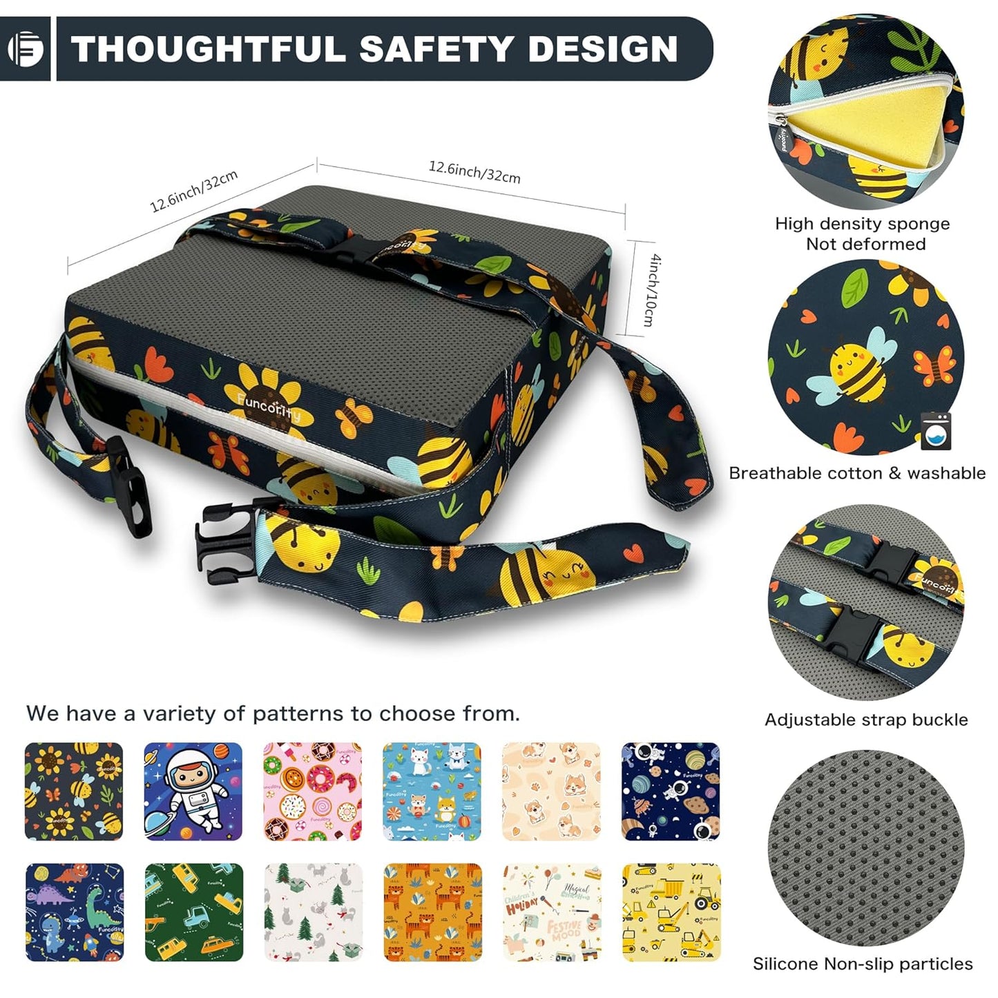 Toddler Booster Seat for Dining Table, Portable Booster Seat for Kitchen Chair, 4 Inch High-Density Foam Cushion with Adjustable Safety Straps and Non-Slip Bottom, Perfect for Kids Travel and Daily