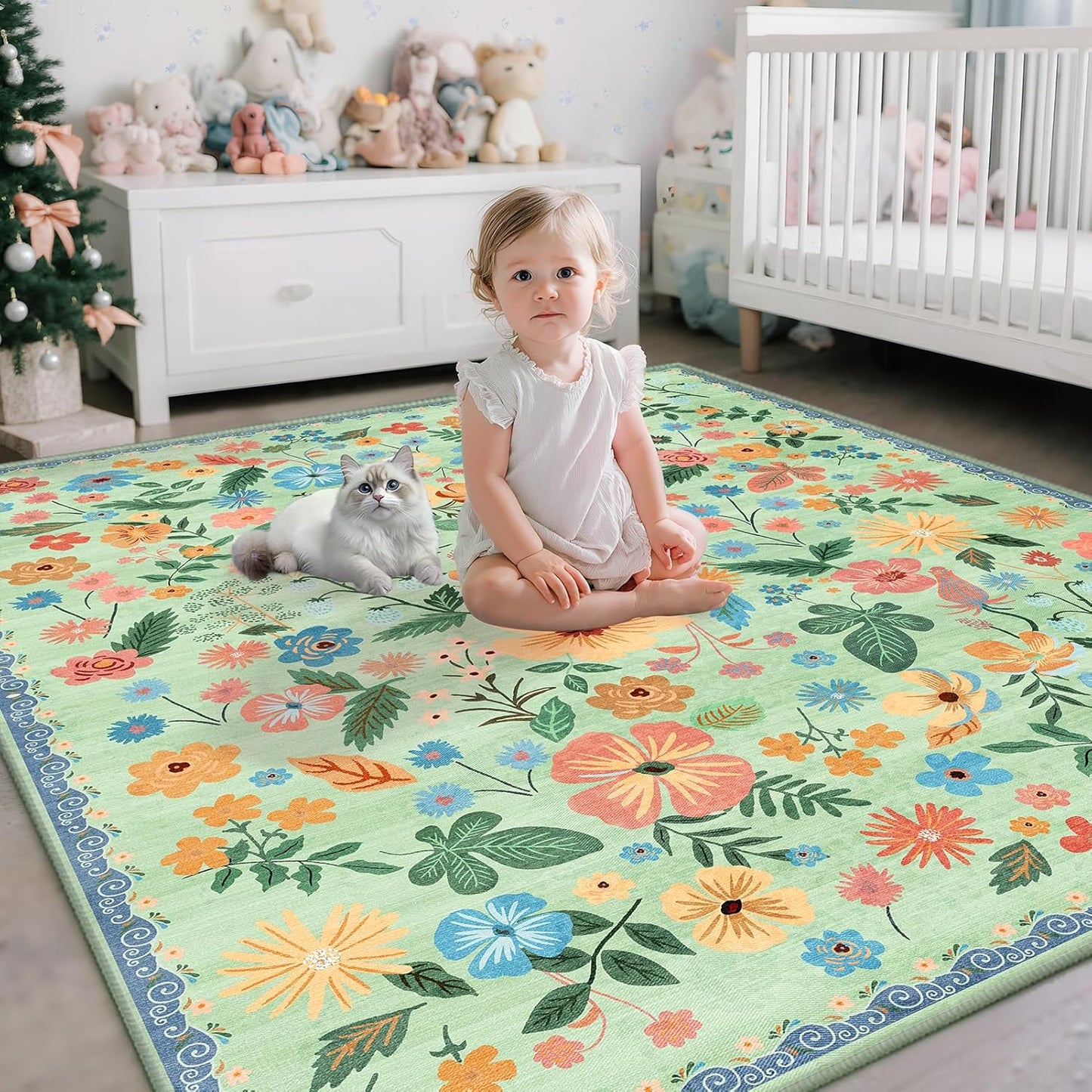 3x5 Rug for Living Room Washable Non Slip with Rubber Backing Soft Faux Fur Low Pile Stain Resistant Small Area Rug 3x5 Boho Vintage Floral Carpet Rug for Bedroom Kitchen Entrance，Green