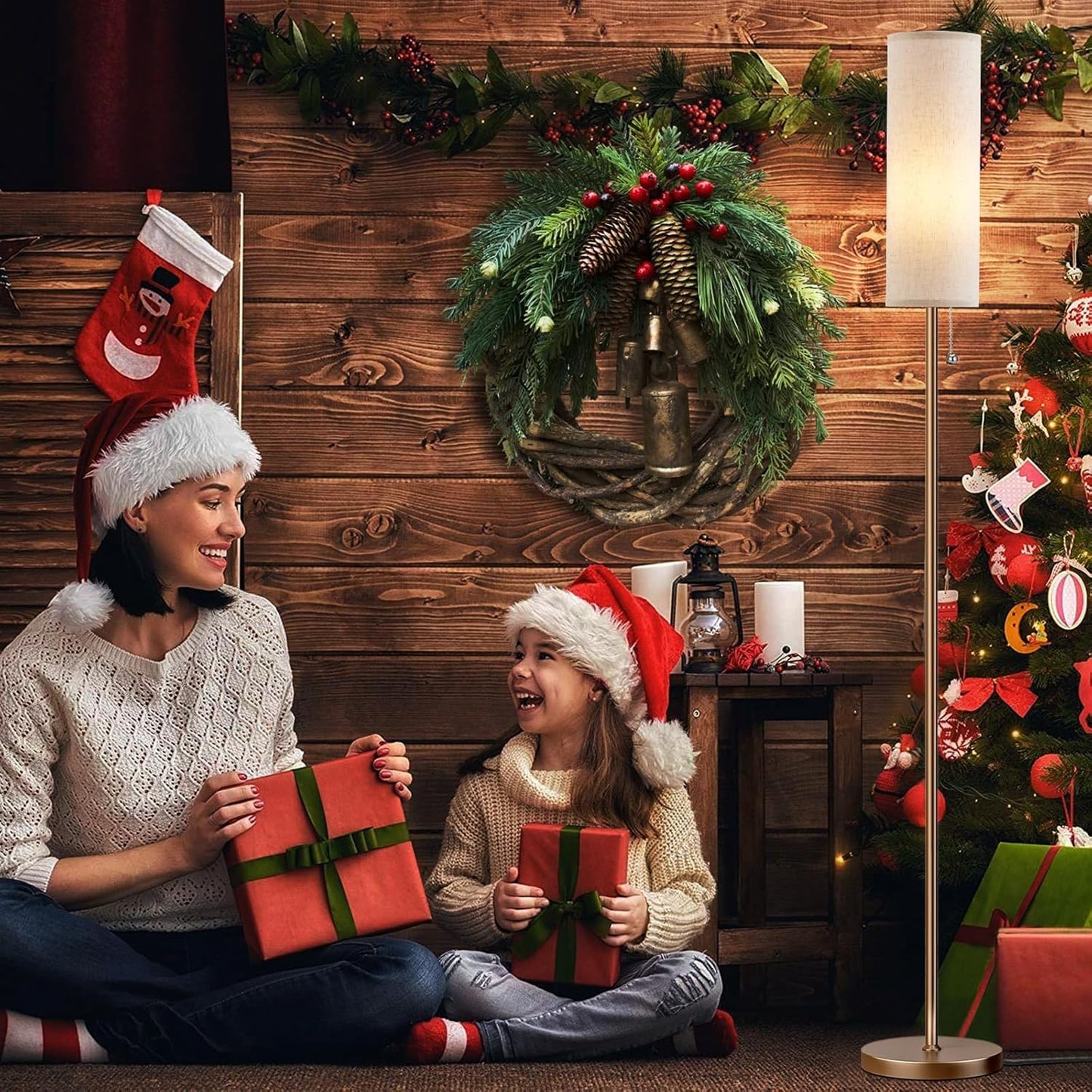 Ambimall Floor Lamp for Living Room with 3 Color Temperatures Bulb, 64" Standing lamp with Linen lampshade for Bedroom, Minimalist Pole Lamp, Dark Beige Shade & Brown Pole