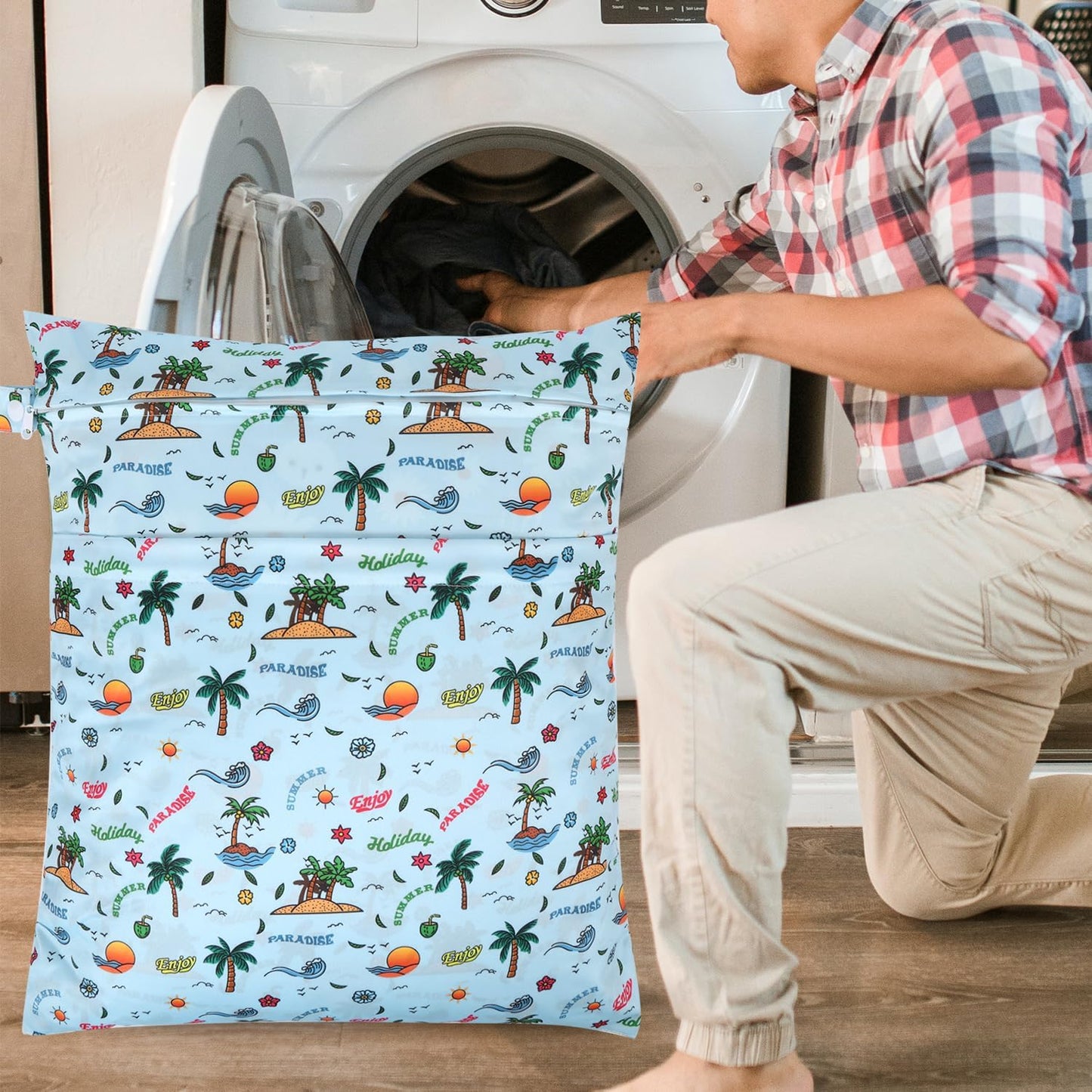 2pcs Travel Waterproof Laundry Bag, Cloth Diaper Wet Dry Bags with Handle & 2 Zipper Pockets, Reusable Washable Dirty Clothes Bag for Baby Adult Travelling Hanging, Bathing Beach Pool Daycare