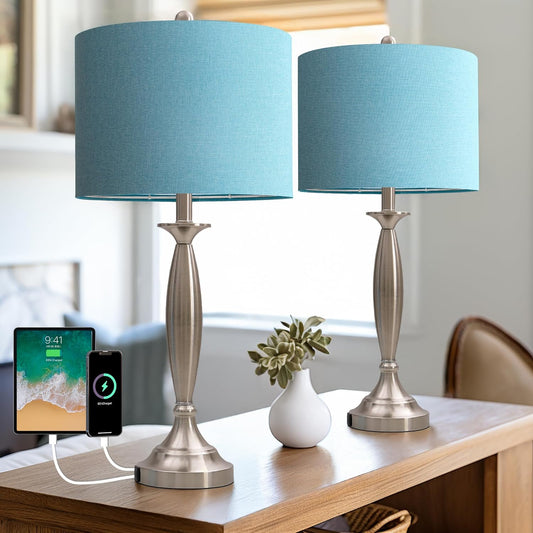 Oneach 27" Modern Table Lamps Set of 2 for Living Room Bedroom with USB A+C Charging Port,Brushed Steel Bedside Lamps for Night Stands,Fabric Drum Shade Nightstand Lamp Light for End Tables Home