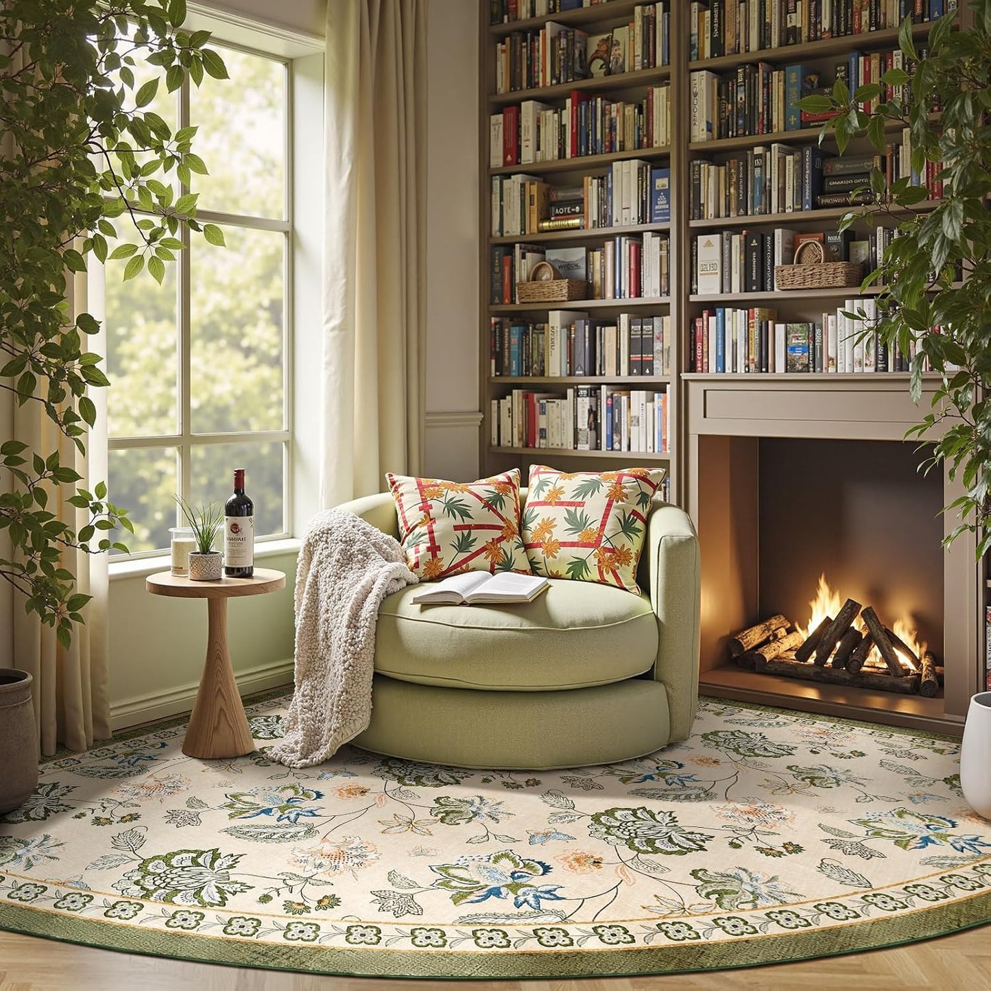 jinchan Floral Corner Rug for Living Room Washable Bedroom Rug Vintage Romance Design Non Slip Quarter Circle Lightweight Low-Pile Throw Carpet for Reading Nook Playroom,7ft Radius, Green/Beige